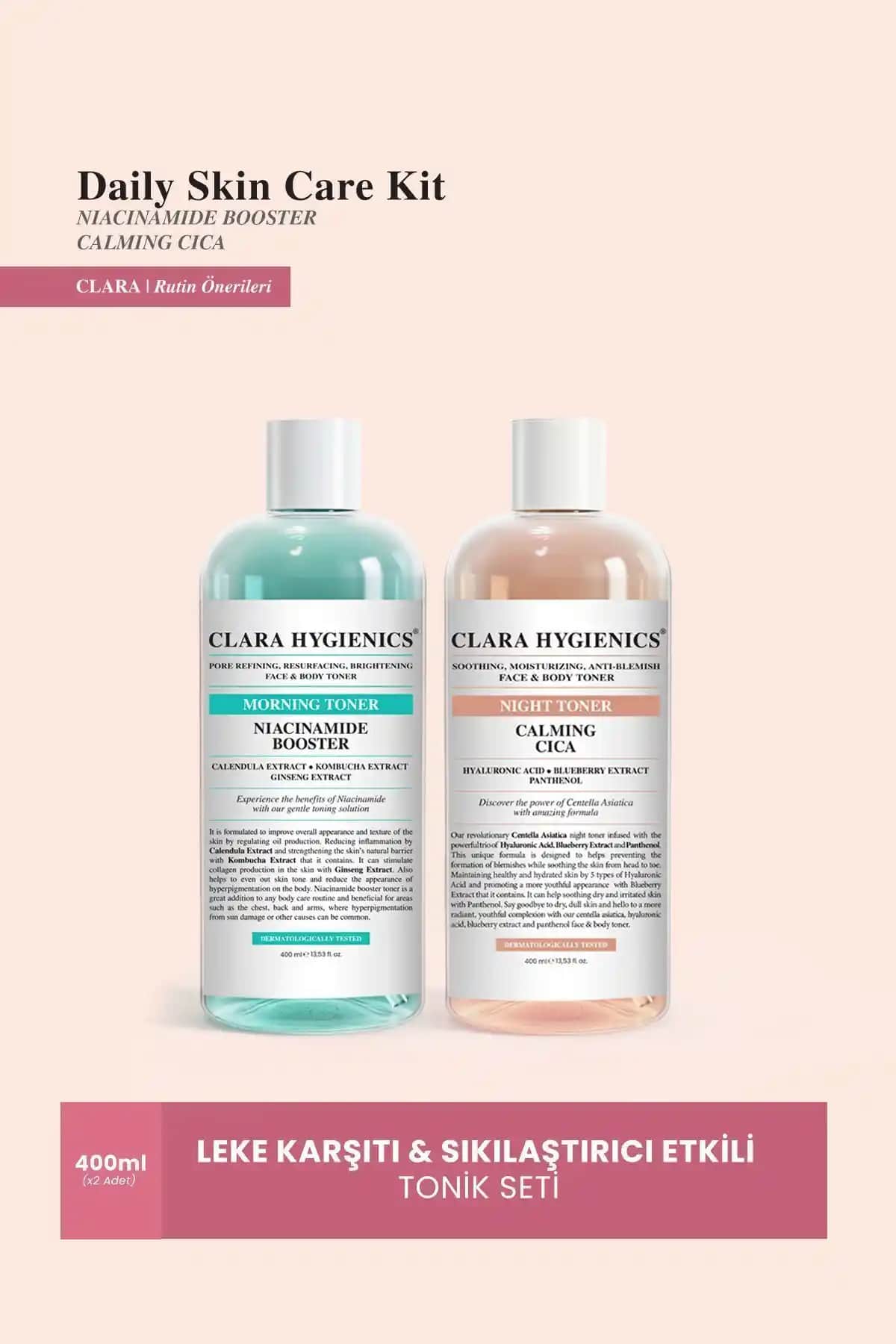 Clara Hygienics Leke Karşıtı Sıkılaştırıcı Niacinamide Cica İçeren Vegan Tonik Seti