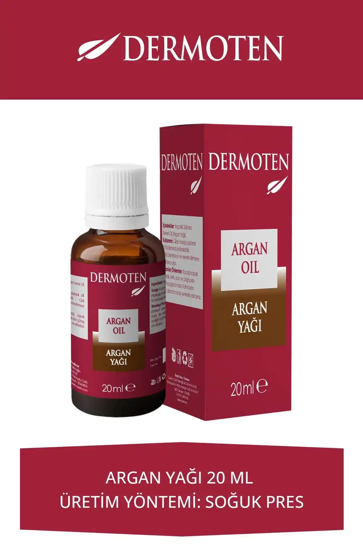Dermoten Argan Yağı 20ml Organik Saç ve Cilt Bakım Ürünü Doğal ve Çok Yönlü Kullanım
