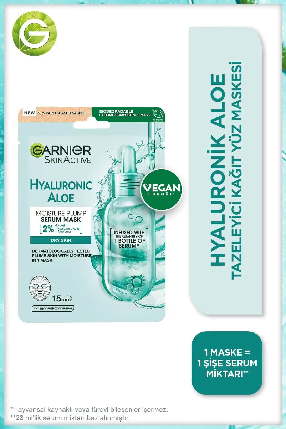 Garnier Hyaluronik Aloe Kağıt Maskesi Tüm Cilt Tipleri İçin Nemlendirme ve Canlandırma Çözümü