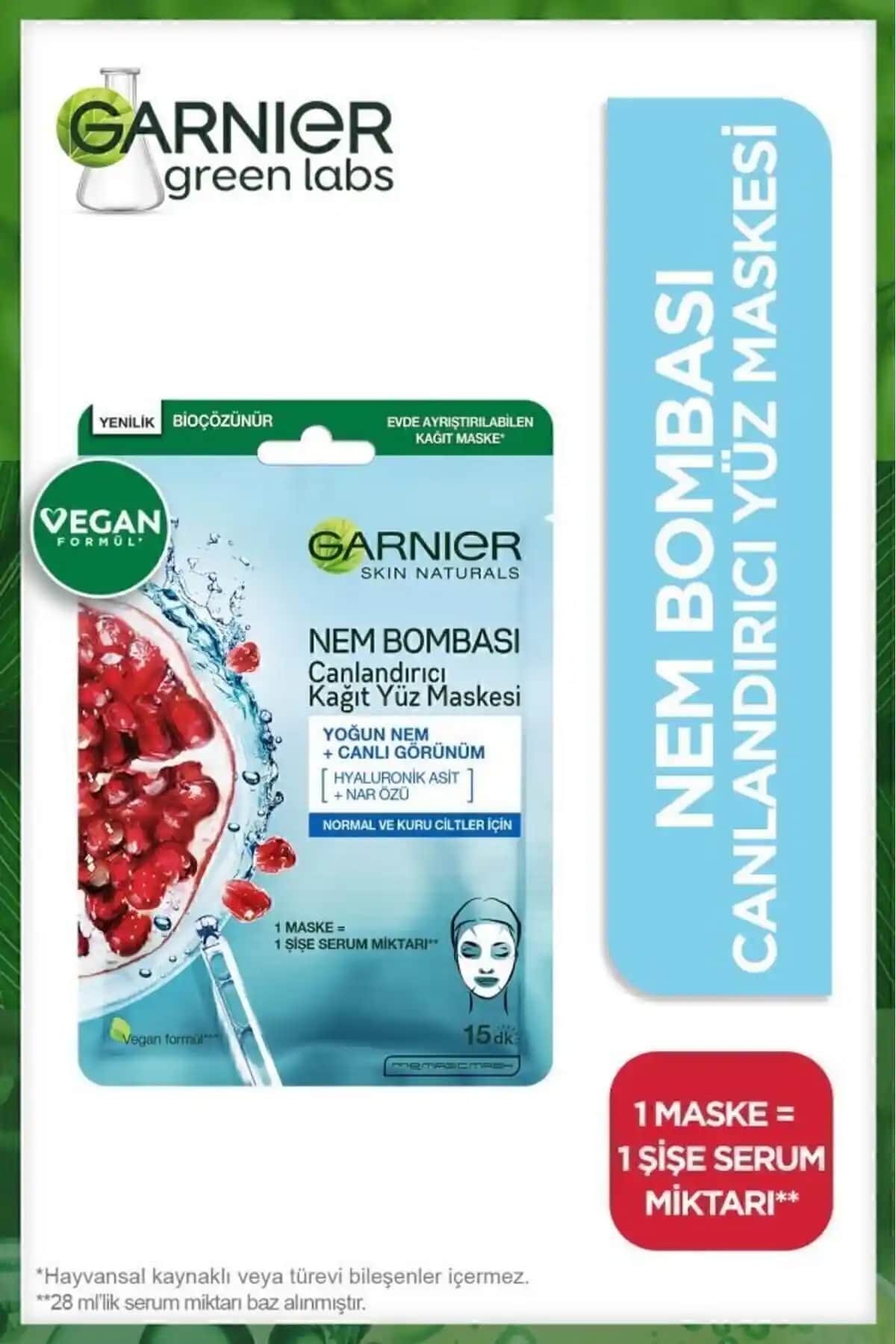 Garnier Nem Bombası Canlandırıcı Kağıt Maske: Yoğun Nem ve Canlılık Sağlayan Cilt Bakım Ürünü