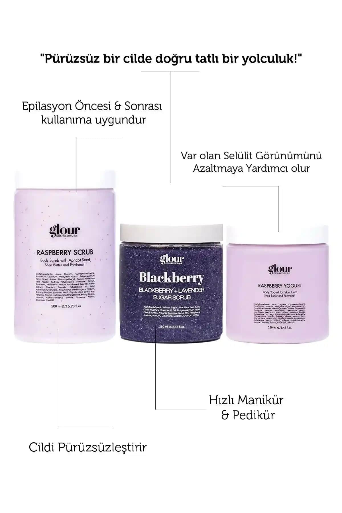 GLOUR Ürünleri Karşılaştırması: Ahududu & Böğürtlen Seti ile Blackberry & Lavanda Scrub