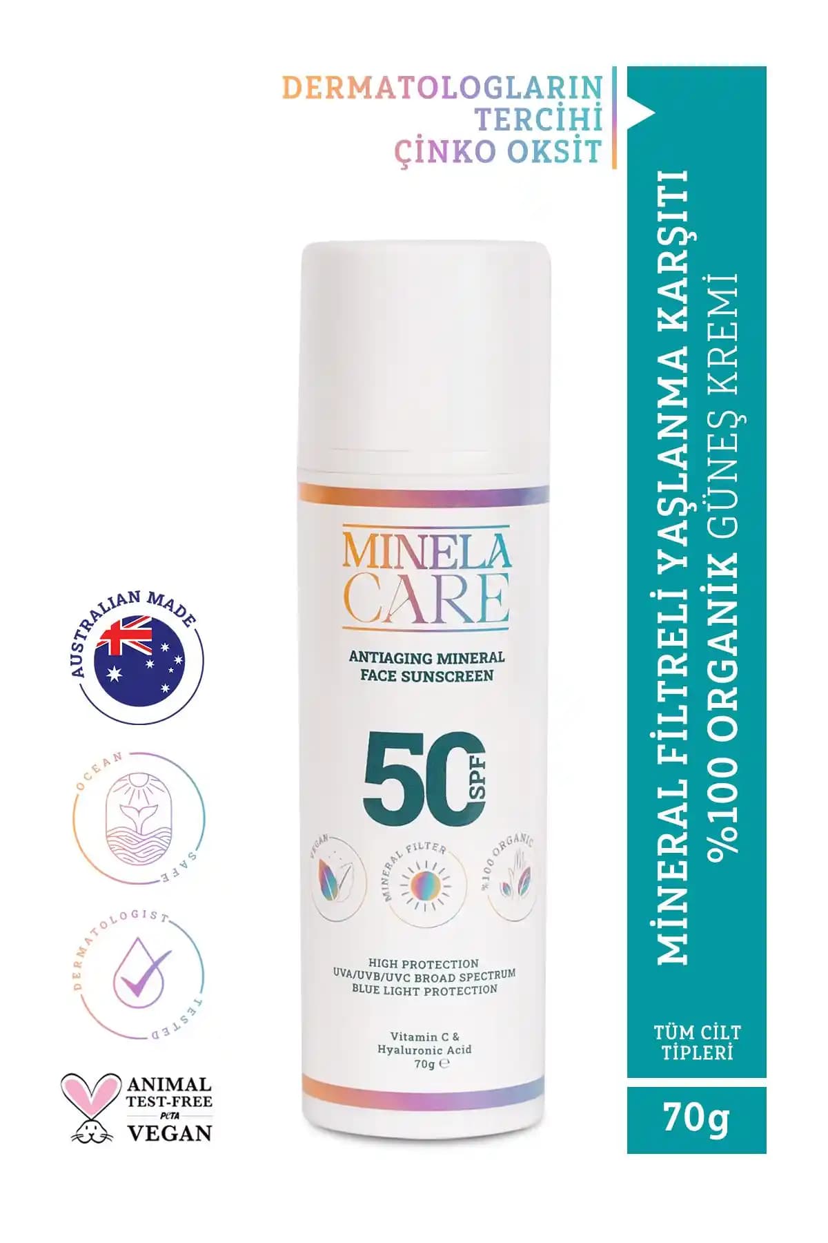 Minelacare Organik Mineral Güneş Koruyucu ve Yaşlanma Karşıtı Yüz Kremi 50+ SPF