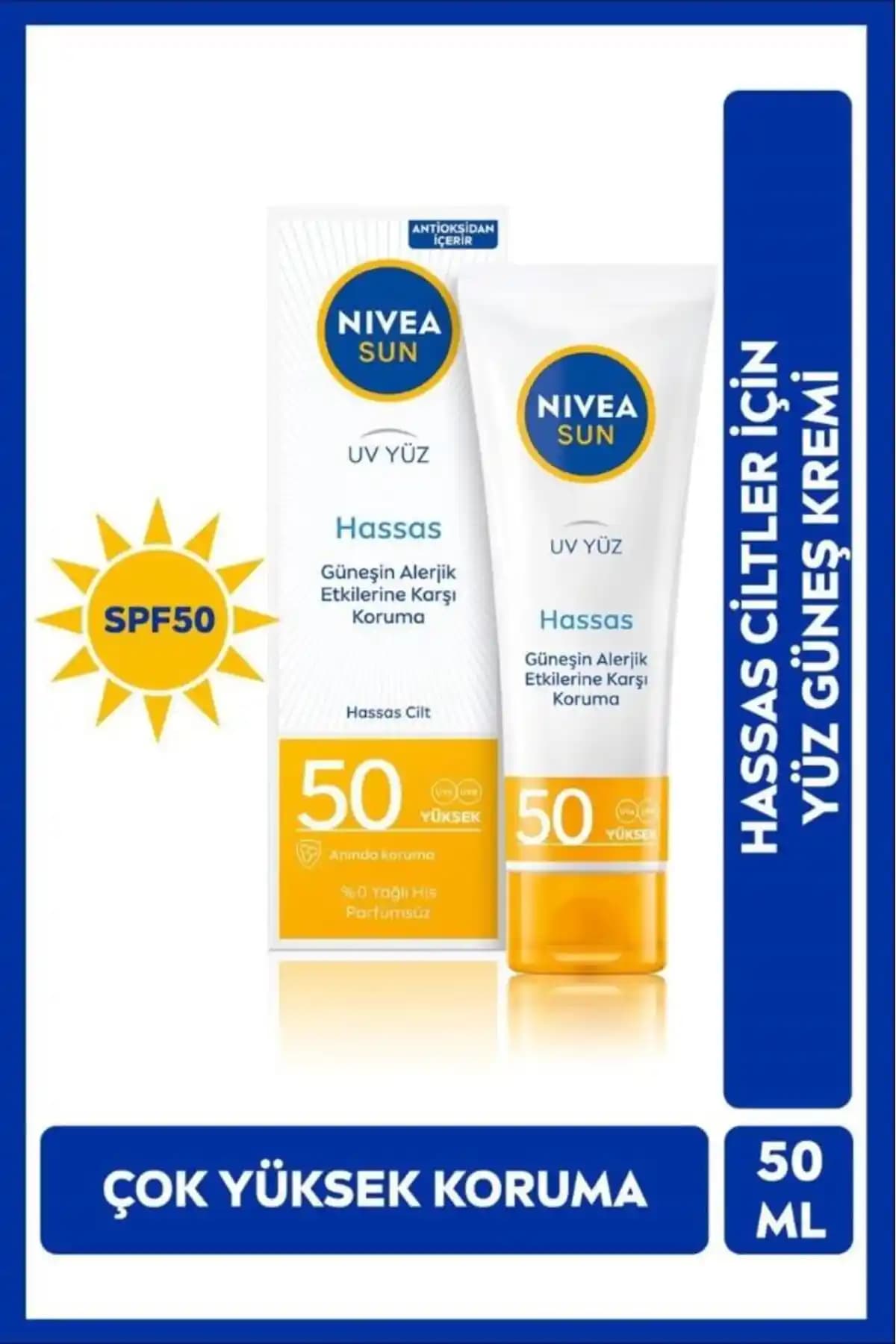 NIVEA SUN SPF50 Hassas Yüz Güneş Bakım Kremi: Hassas ve Alerjik Ciltler İçin Yüksek Koruma