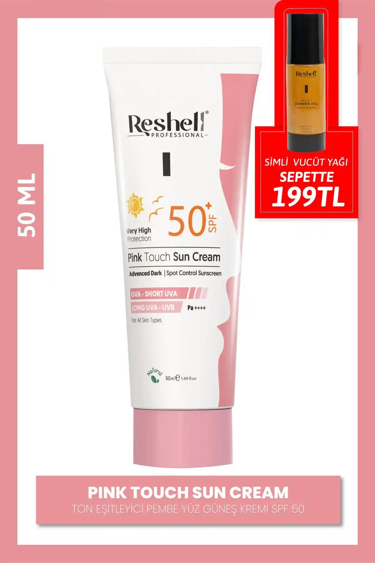 Reshell Pink Touch Ton Eşitleyici Pembe Güneş Kremi SPF 50 ile Cildinizi Koruyun ve Parlak Tutun