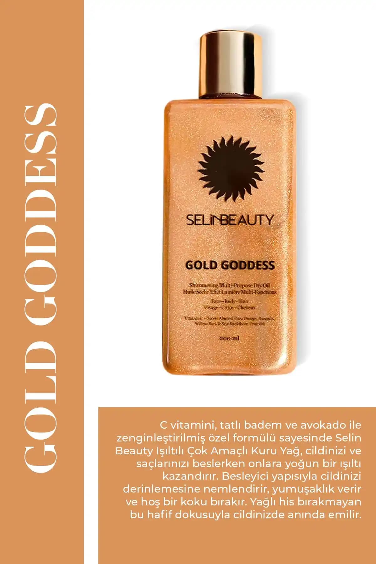 Selin Beauty Gold Goddess Kuru Yağ ile Cilt, Saç ve Vücut Bakımında Çok Yönlü Kullanım