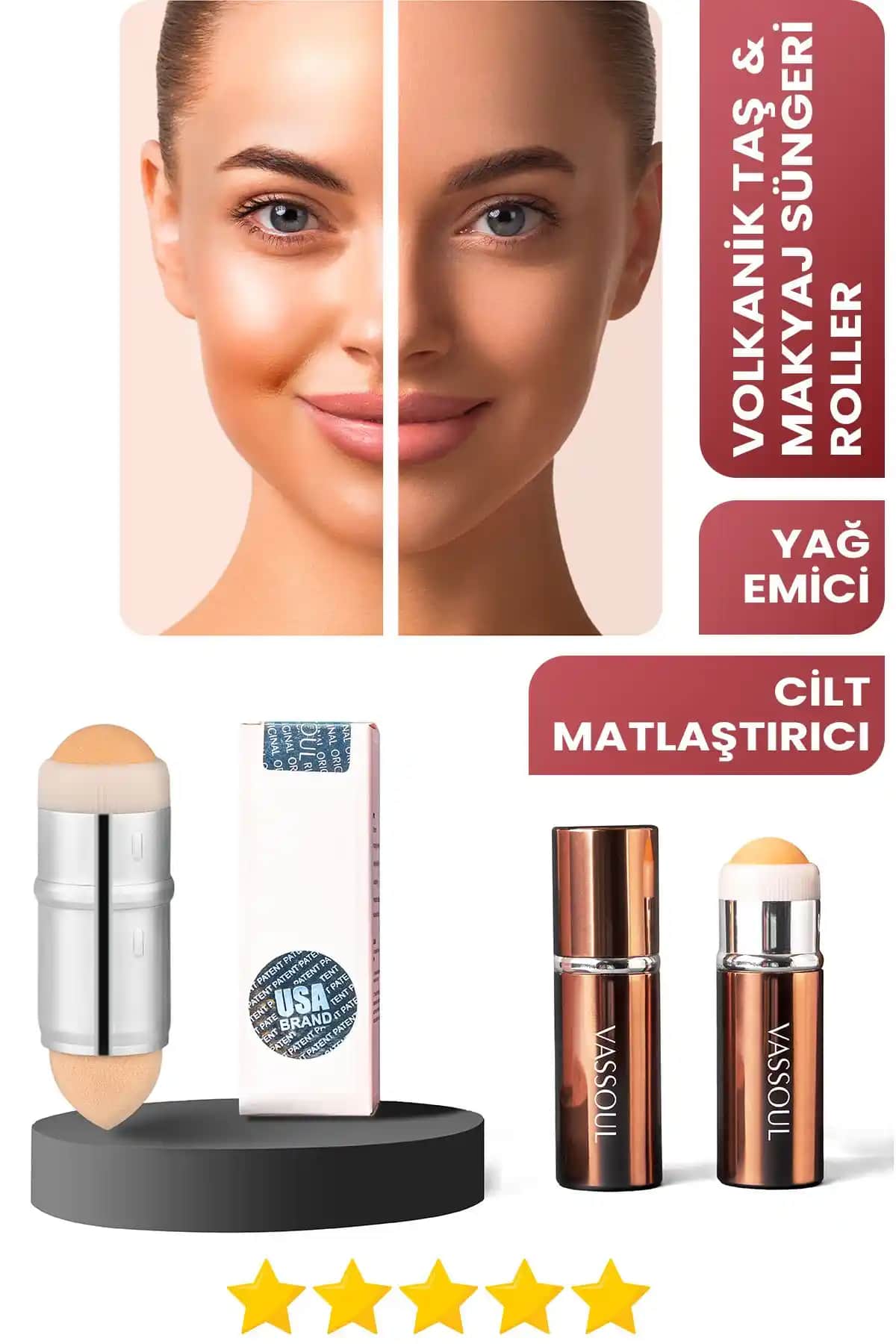 Vassoul Volkanik Taş Yüz Roller ve Makyaj Süngeri Seti Doğal Cilt Bakımı İçin Yenilikçi Çözüm