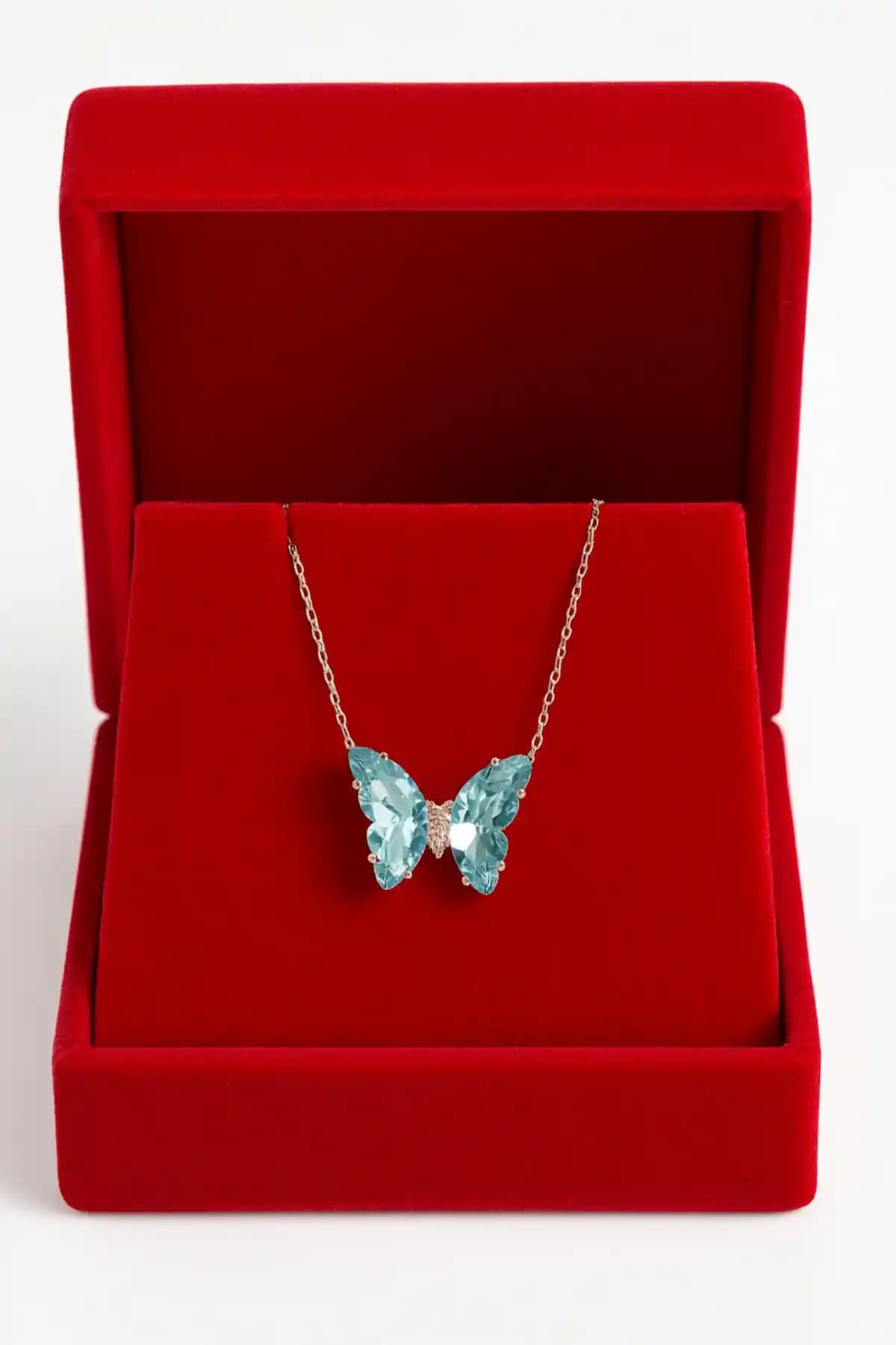 925 Ayar Gümüş Pembe Kelebek Kolye Akuamarin Taşlı Zarif Takı