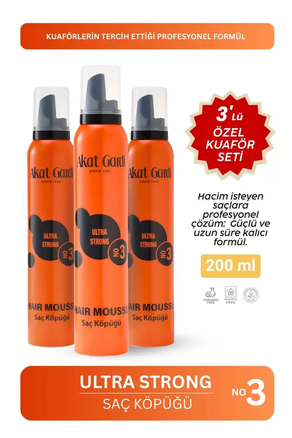 Akat Gardi Ultra Strong Turuncu Saç Köpüğü 200ml Güçlü ve Hacim Verici Saç Şekillendirme Çözümü