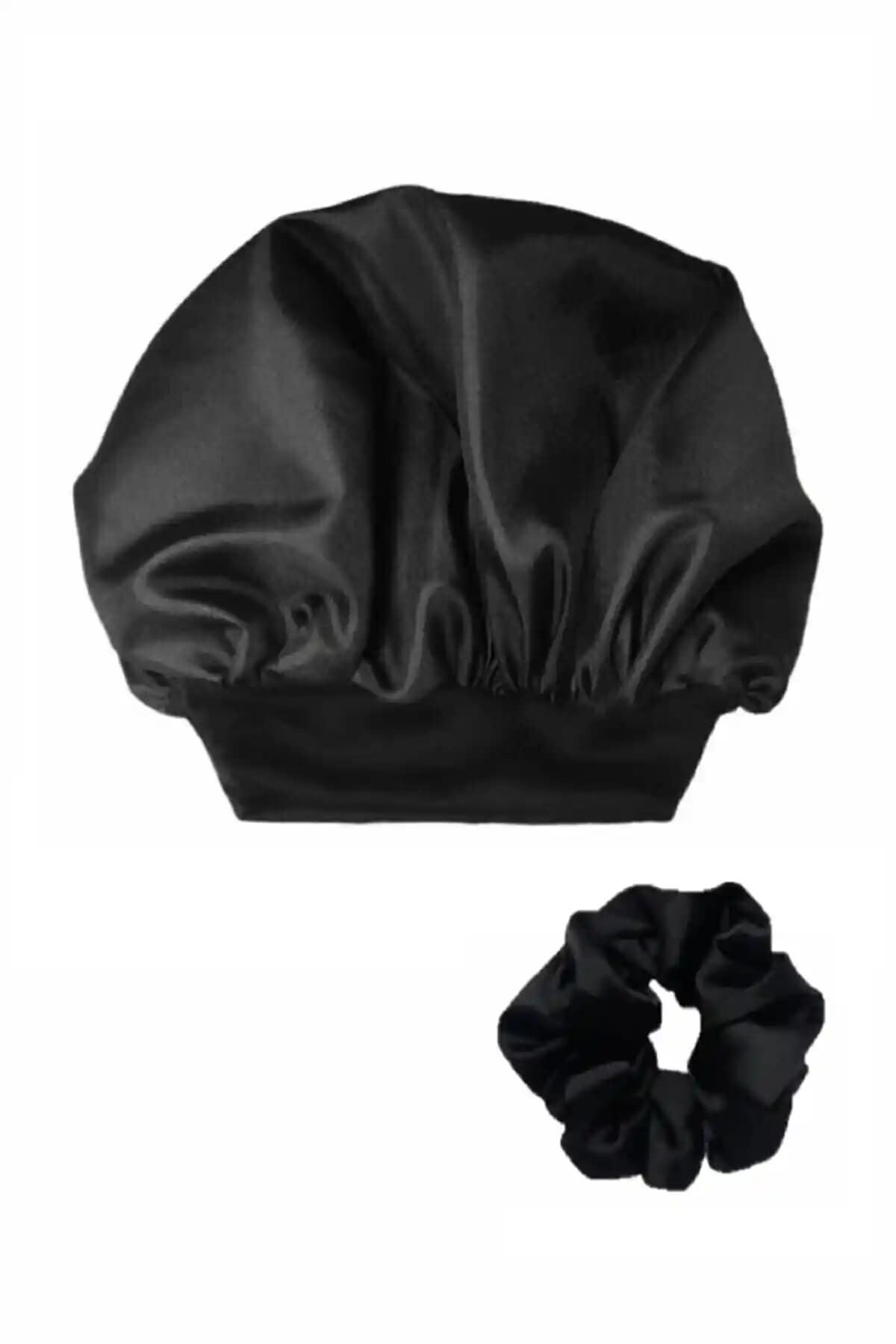 Deko Dekor Siyah Saten Kıvırcık Saç Bonesi ve Toka Seti: Şık ve İşlevsel Saç Bakım Aksesuarı