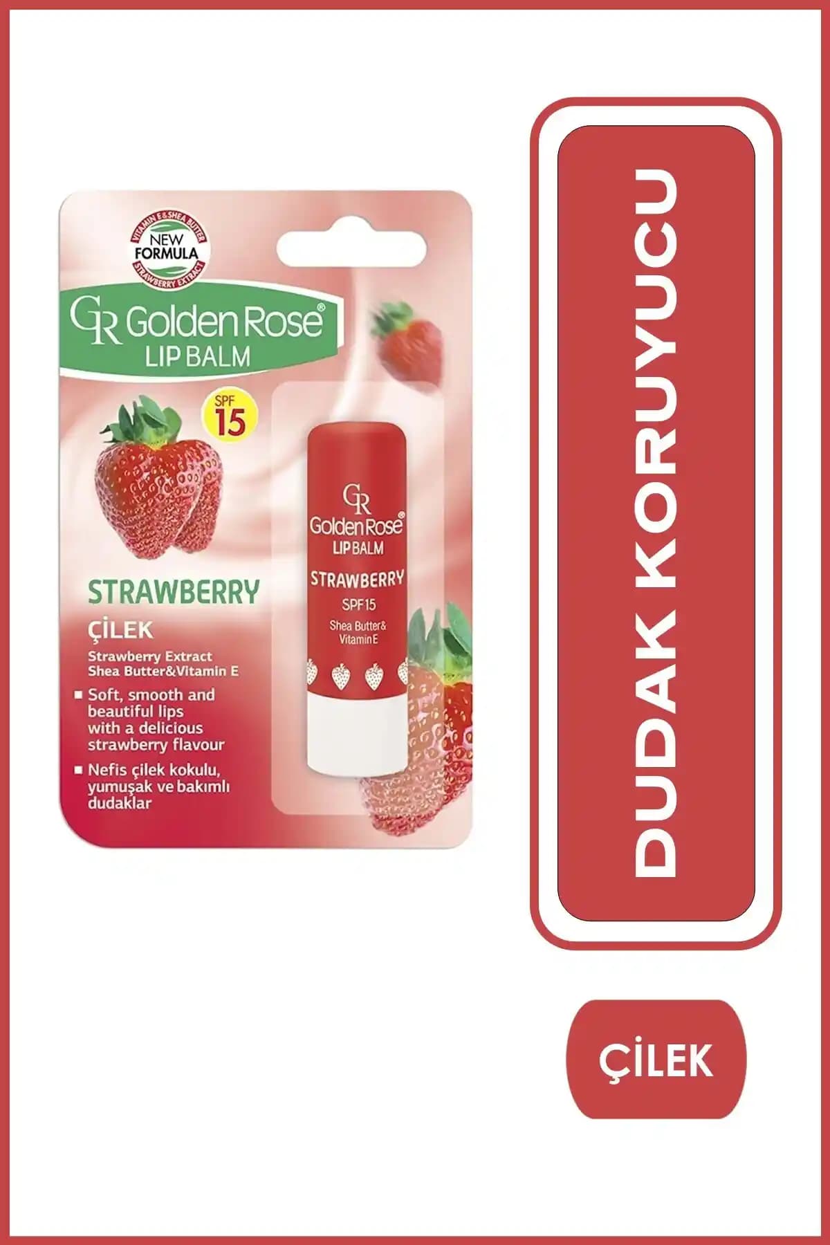 Golden Rose Çilekli Dudak Balsamı SPF 15 ile doğal parlaklık ve güneş koruması sağlayan bakım ürünü