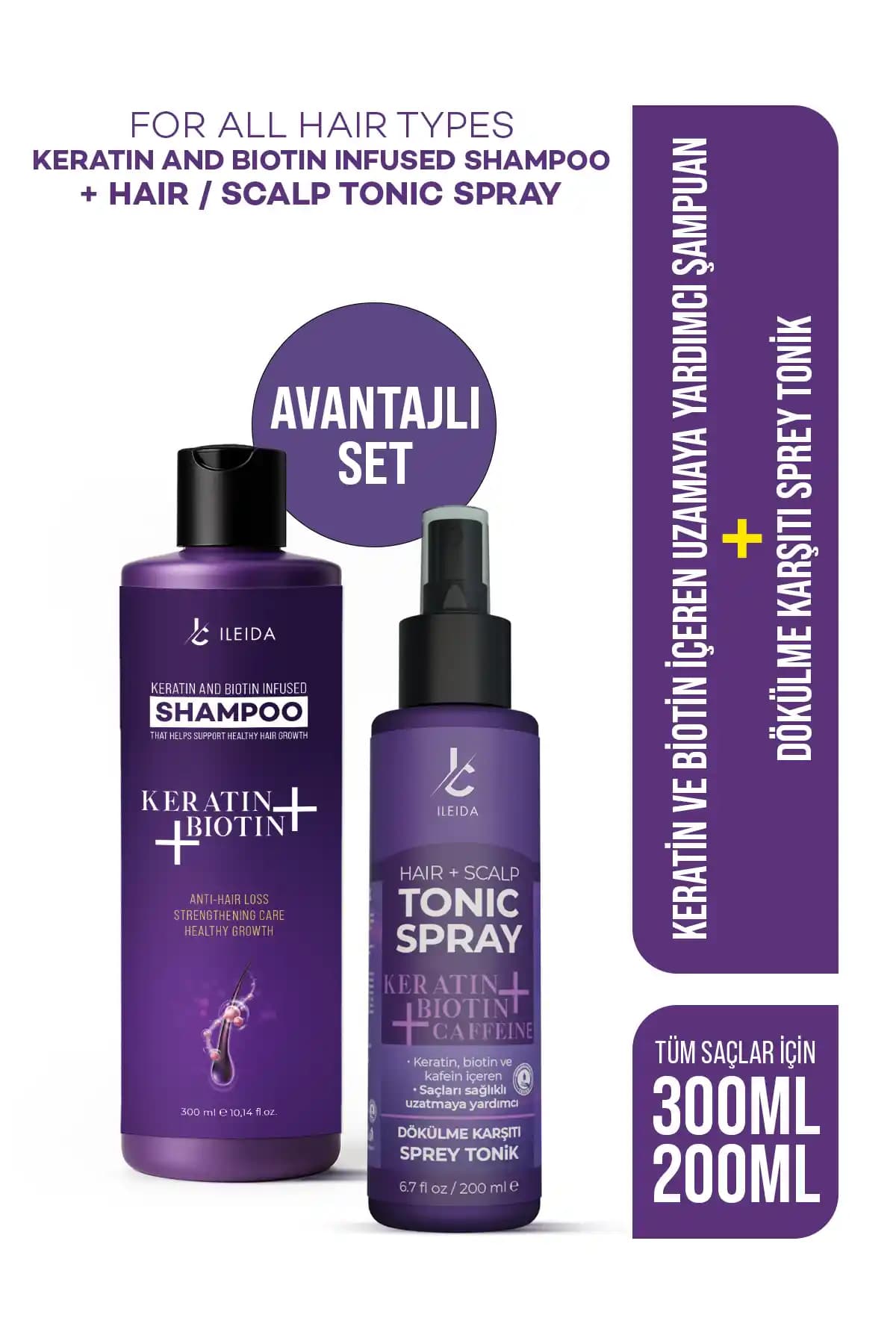 İLEİDA Biotin ve Keratin Dökülme Karşıtı Şampuan ve Tonik Seti Saç Güçlendirme Çözümü