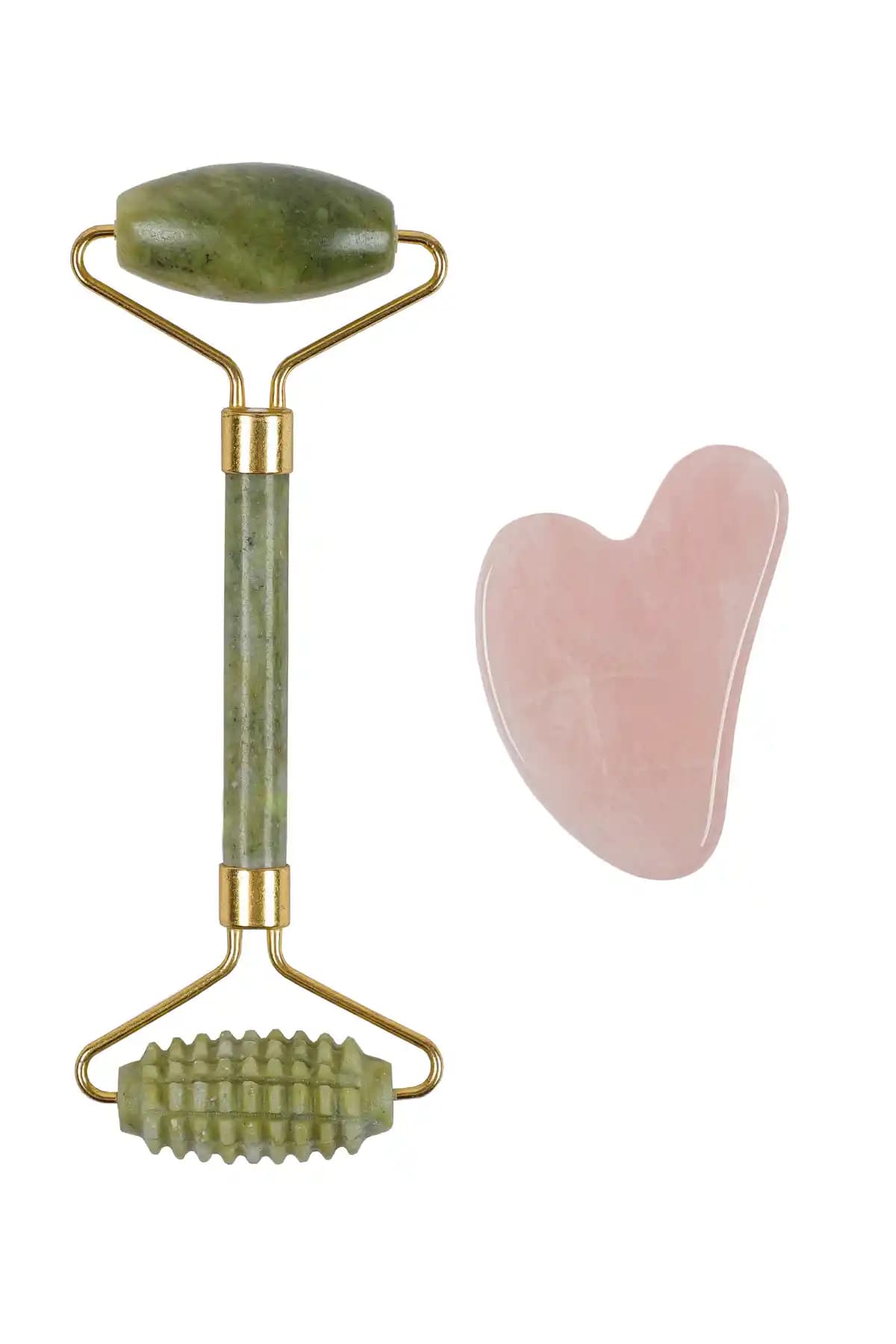 İLTERUS Tırtıklı Yeşim Face Roller ve Pembe Kuvars Kalp Gua Hsa Masaj Seti: Doğal Güzellik ve Rahatlama İçin Mükemmel Bir Seçenek