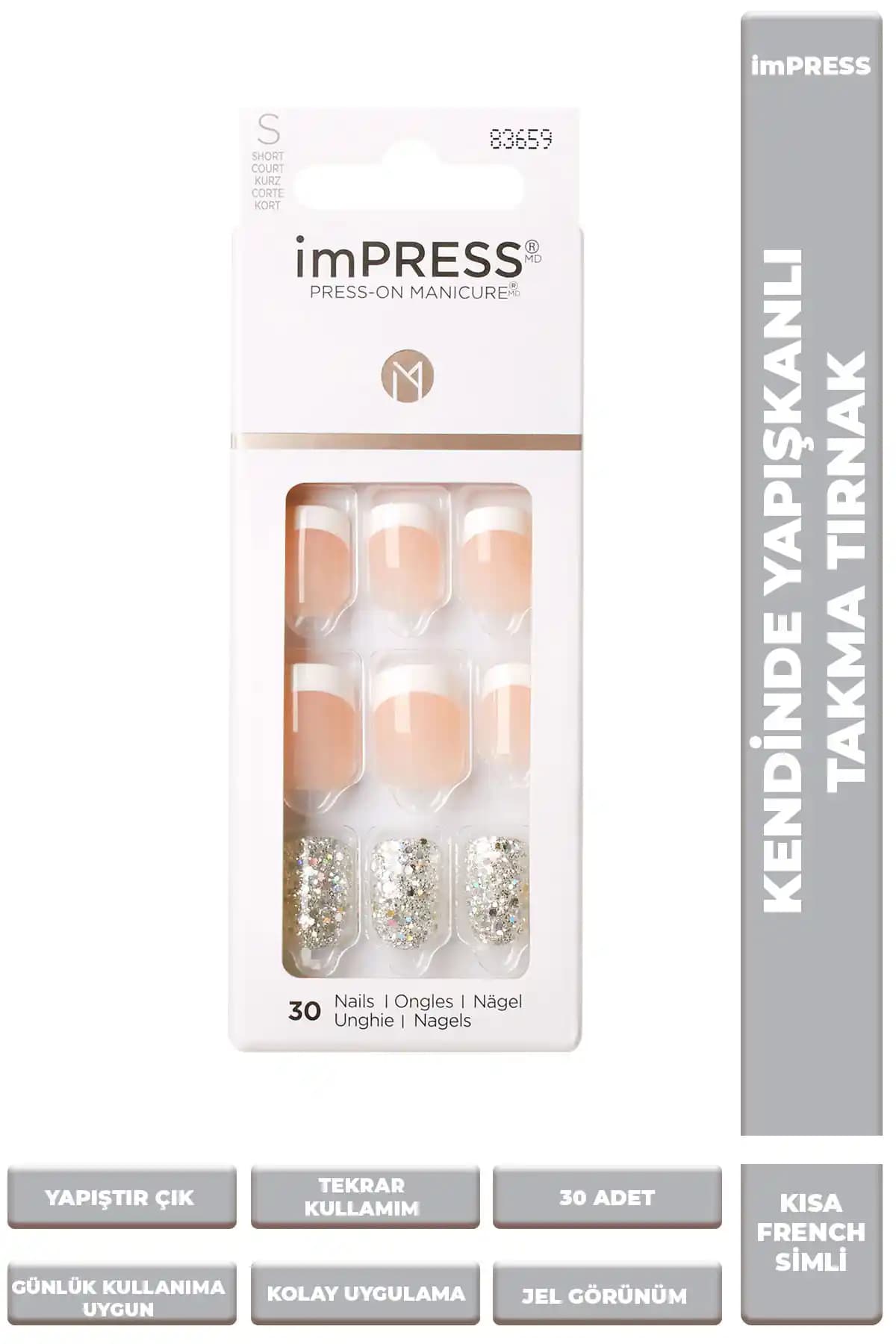 Impress Kendinden Yapışkanlı Kısa French Simli Tırnaklar Modern ve Pratik Kullanım