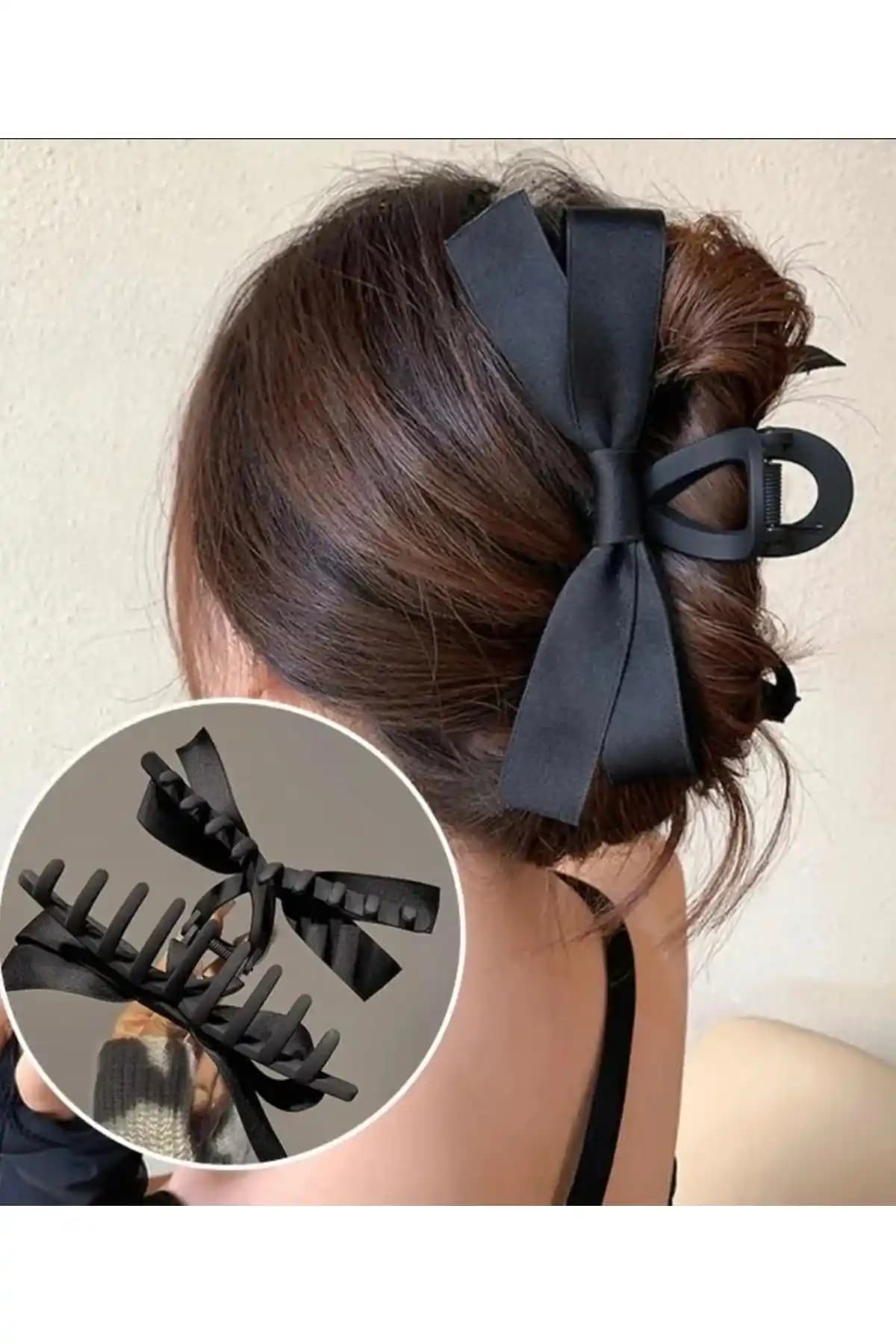 Monalisa Siyah Saten Çift Taraflı Fiyonk Mandal Toka Kadınlar İçin Şık ve Çok Yönlü Aksesuar