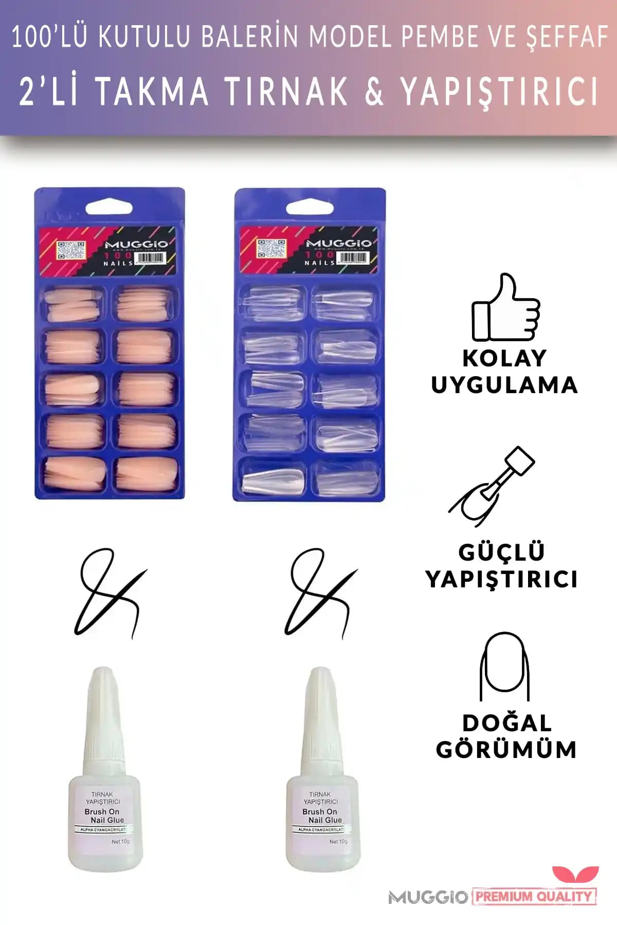 Muggio 100'lü Balerin Protez Tırnak ve Yapıştırıcı Seti: Pratik ve Estetik Çözüm