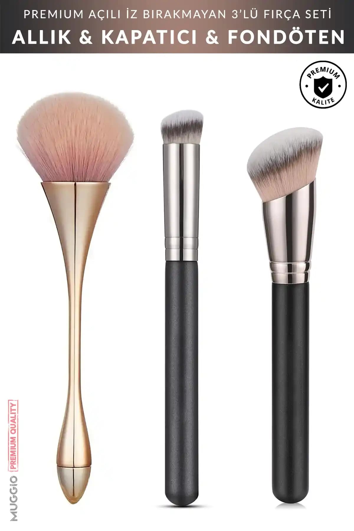 Muggio 3'lü Premium Allık, Kapatıcı ve Fondöten Kabuki Fırça Seti Profesyonel Makaj Uygulaması