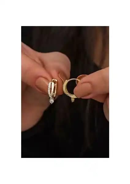 Nereze 925 Ayar Gümüş Altın Kaplama Tektaş Örgü Model Küpe İnce Tasarım ve Kalite