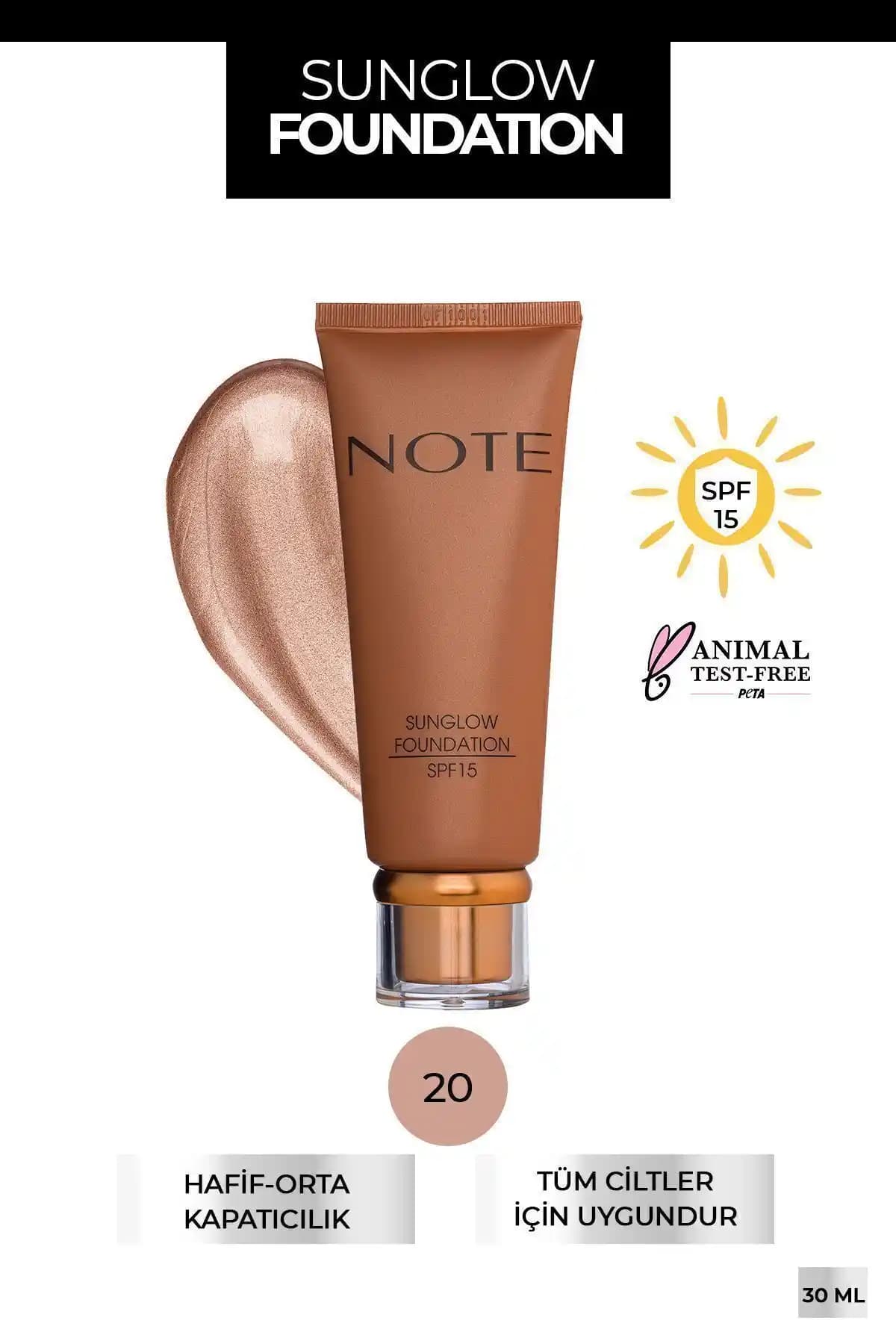 Note Cosmetics Sunglow Foundation SPF 15 ile doğal ve ışıltılı bronz görünüm sağlayan fondöten