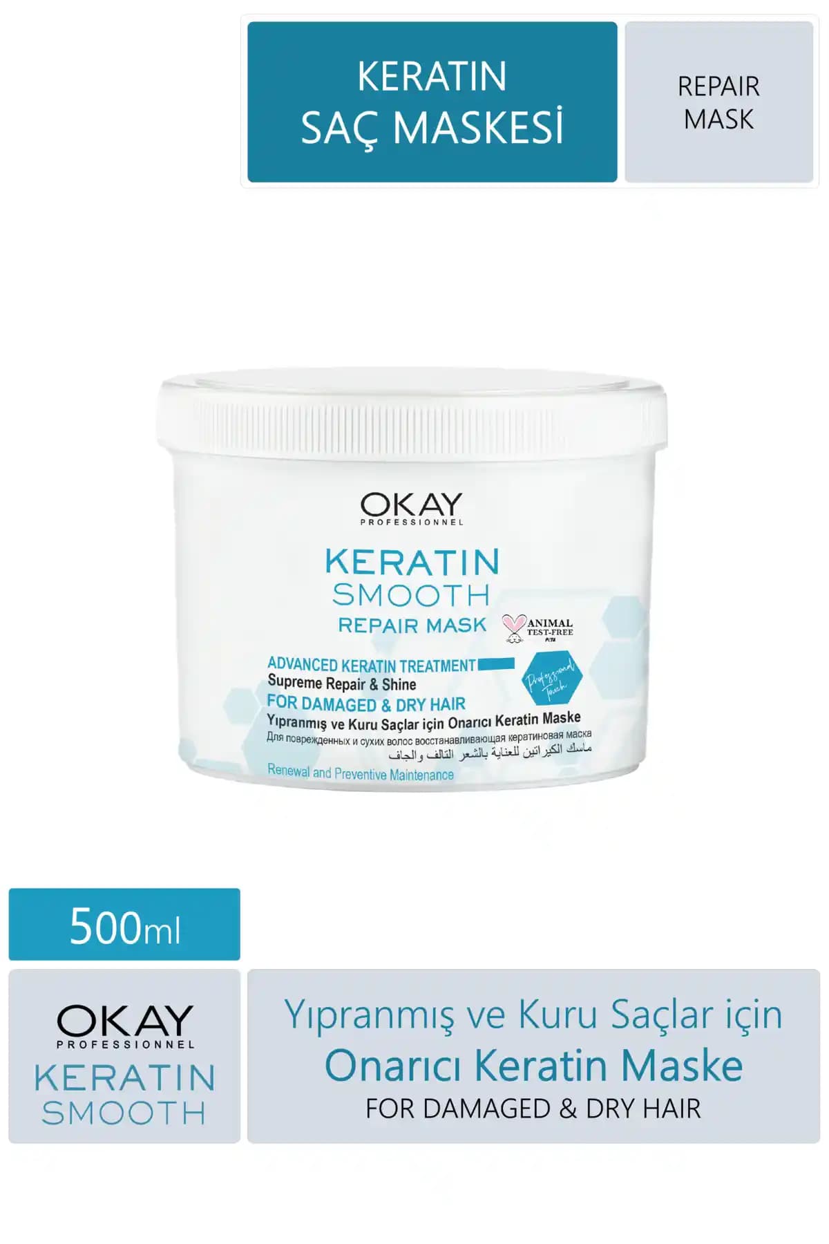 Okay Saç Bakım Maskesi Smooth Keratin 500ml Profesyonel Saç Onarımı ve Nemlendirme Ürünü