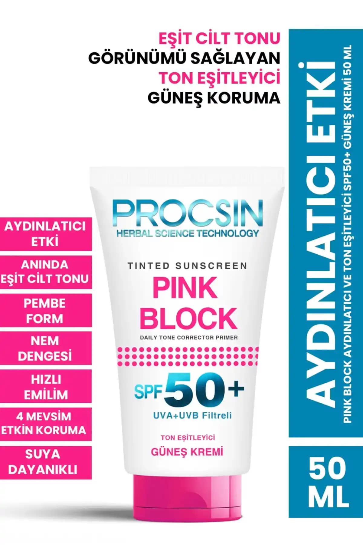 PROCSIN Pink Block Ay<dı>nlatıcı SPF50 Güneş Kremi: Yüksek Koruma ve Doğal Ton Eşitleme Özelliği
