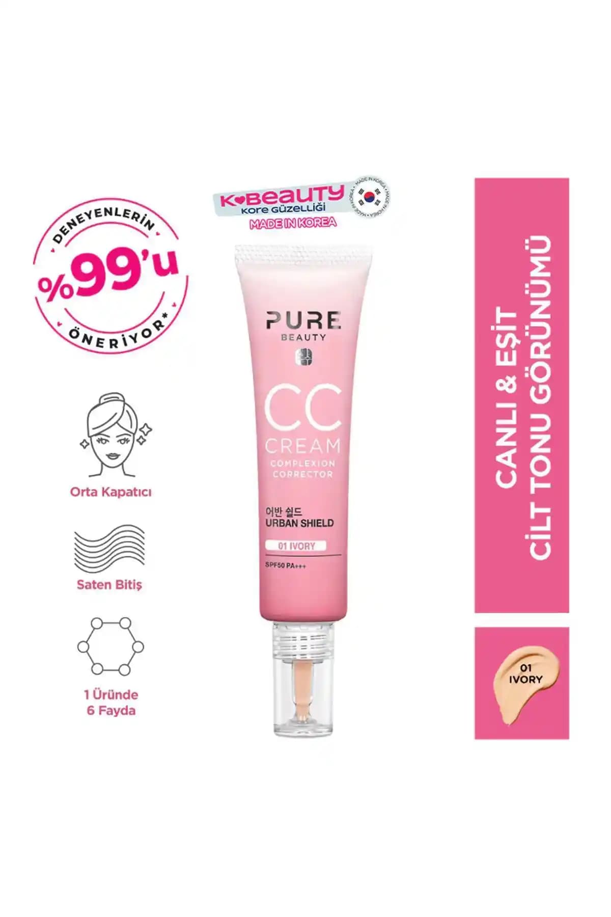 Pure Beauty CC Krem SPF50 PA Ivory ile doğal cilt bakımı ve yüksek güneş koruması