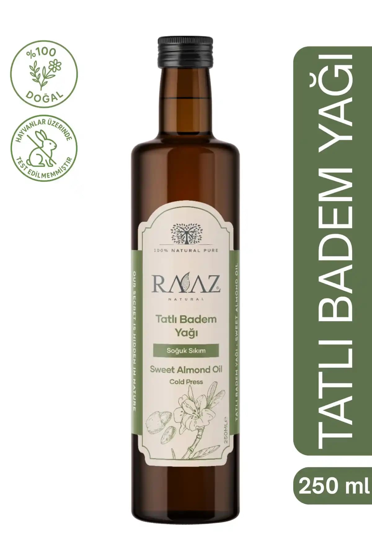 RAAZ Tatlı Badem Yağı 250 ml doğal ve saf soğuk sıkım badem yağı Türkiye menşeli