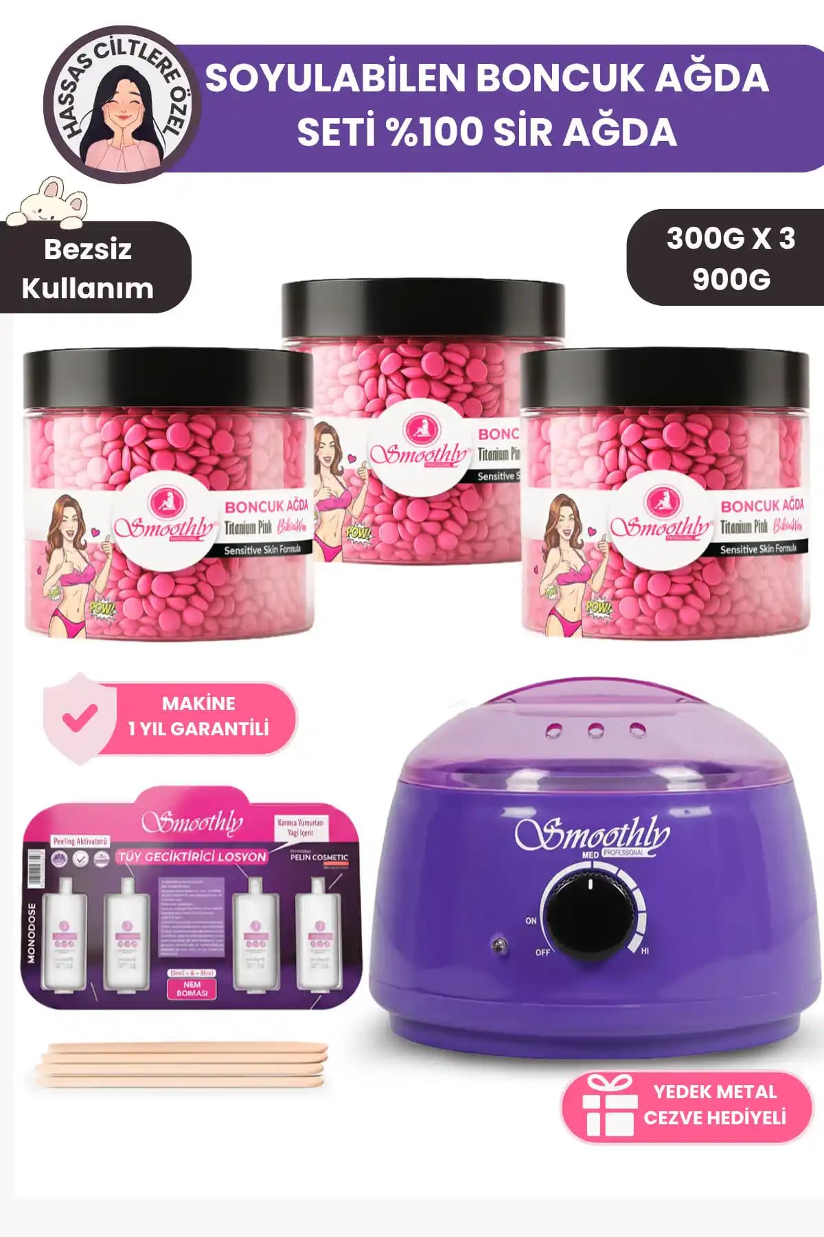 Smoothly 3 Adet Pudralı Soyulabilen Boncuk Ağda Seti Profesyonel ve Pratik Kullanım İçin Uygun