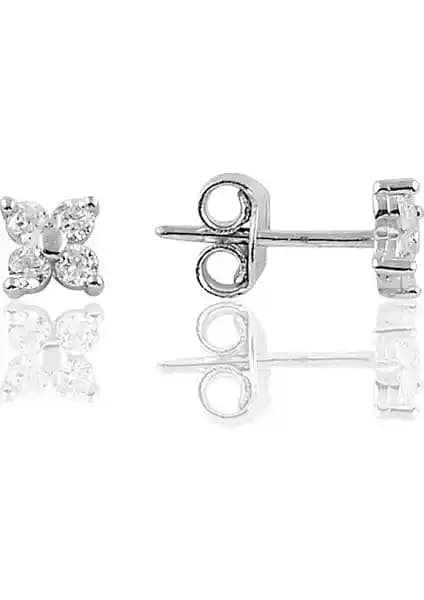 Söğütlü Silver Rodyumlu Zirkon Taşlı Mini Yonca Küpe Günlük ve Özel Kullanım İçin