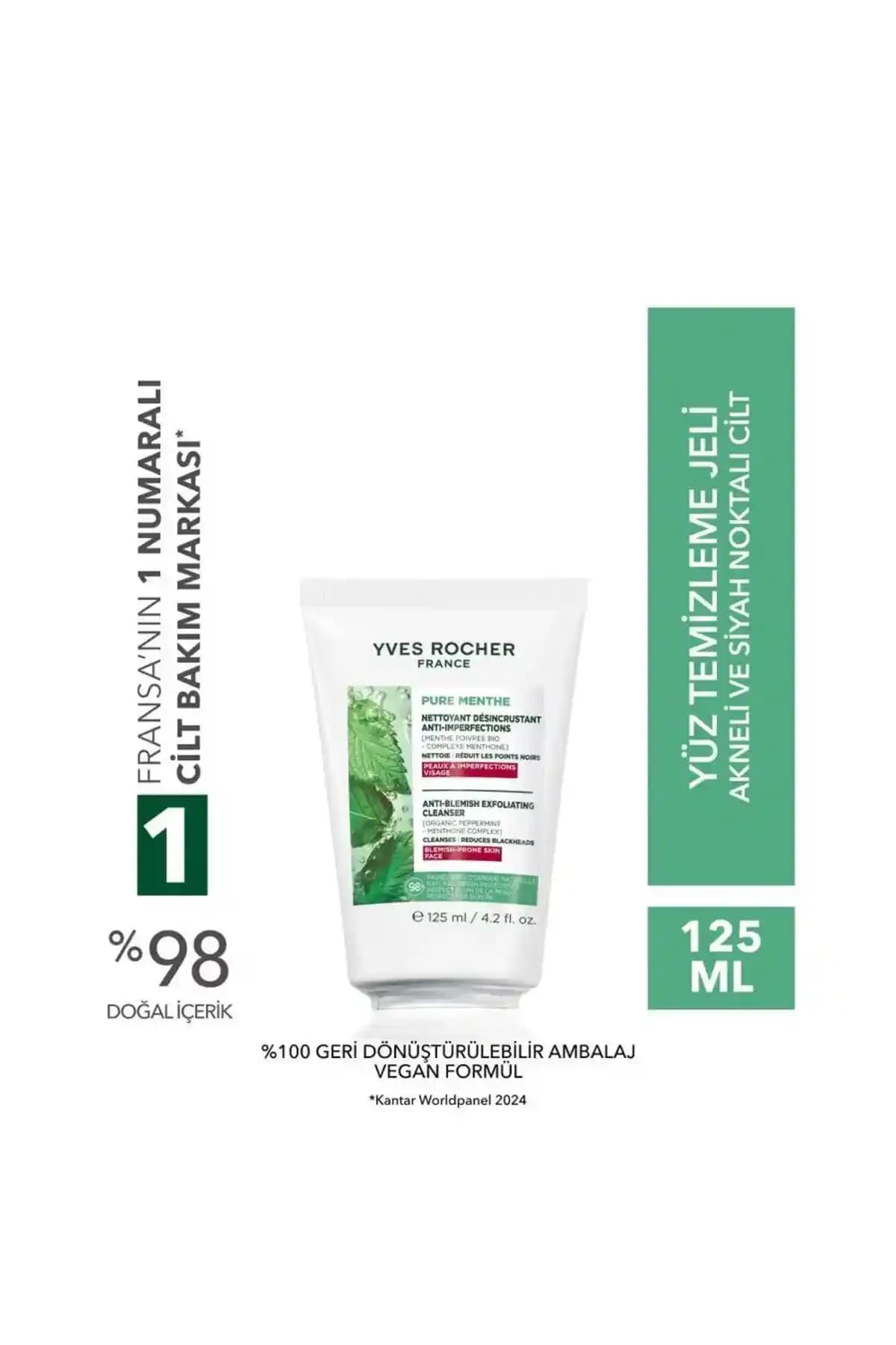 Yves Rocher Pure Menthe Peeling Etkili Prebiyotik Yüz Yıkama Jeli Akneye Eğilimli Ciltler İçin