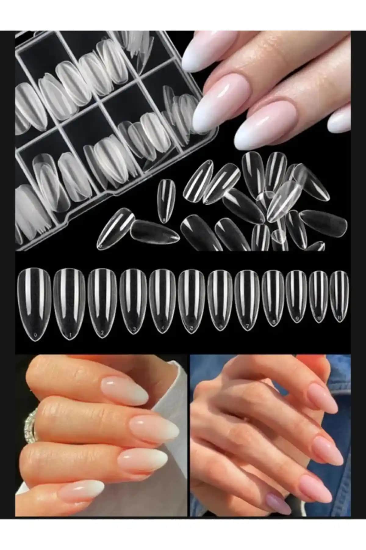 AcarlarTicaret 100 Adet Jel Destekli Şeffaf Badem Tırnak Seti Profesyonel ve Ev Kullanımı İçin