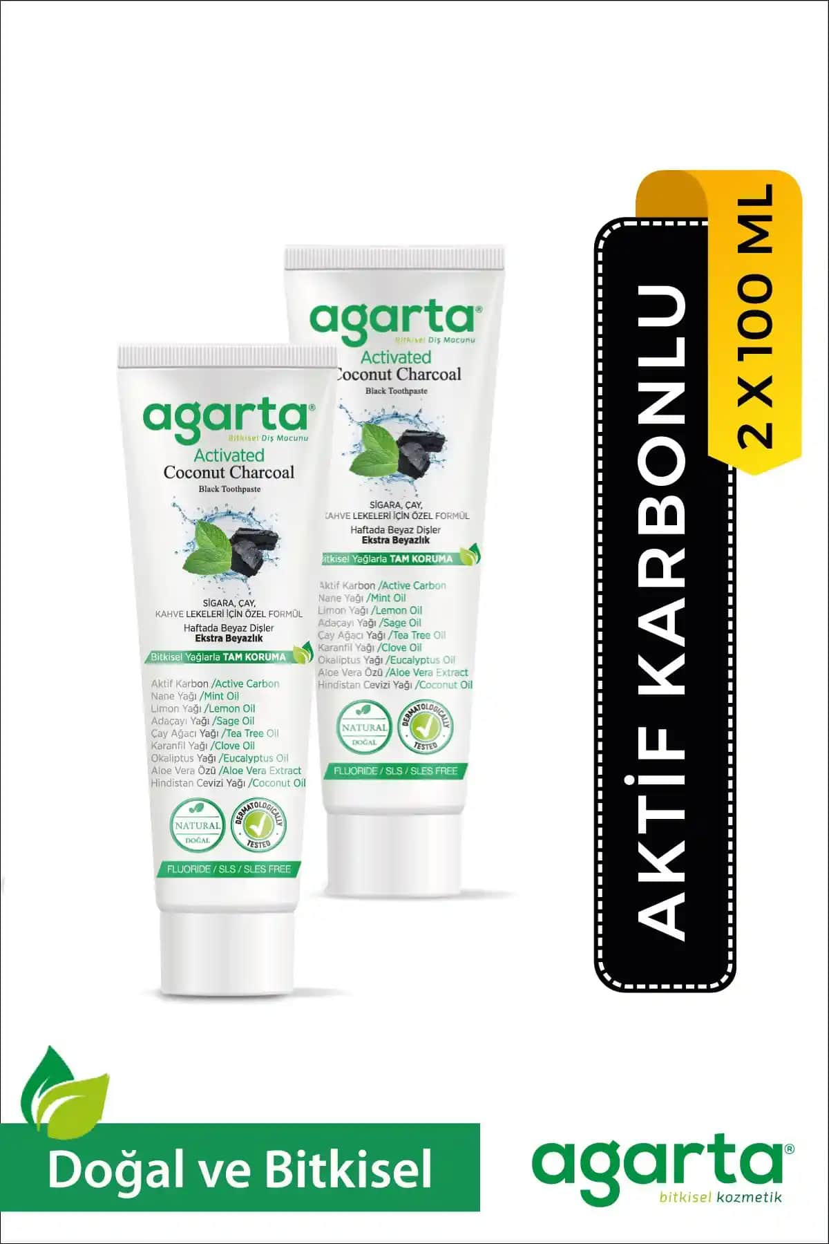 Agarta Doğal Hindistan Cevizi Özlü Aktif Karbonlu Florürsüz Diş Macunu 2'li Paket