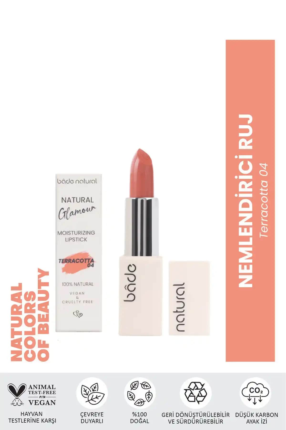 Bade Natural Nemlendirici Ruj Terracotta 04 Doğal İçeriklerle Dudaklara Şık ve Bakımlı Görünüm