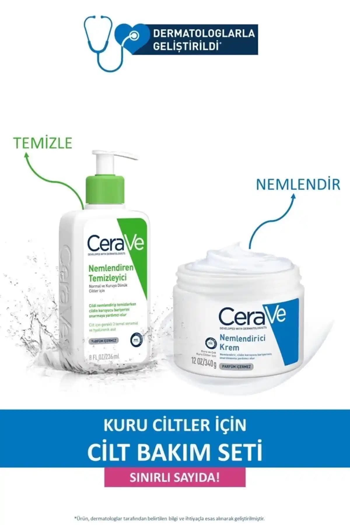 CeraVe Kuru ve Hassas Ciltler İçin Nemlendirici ve Temizleyici Seti