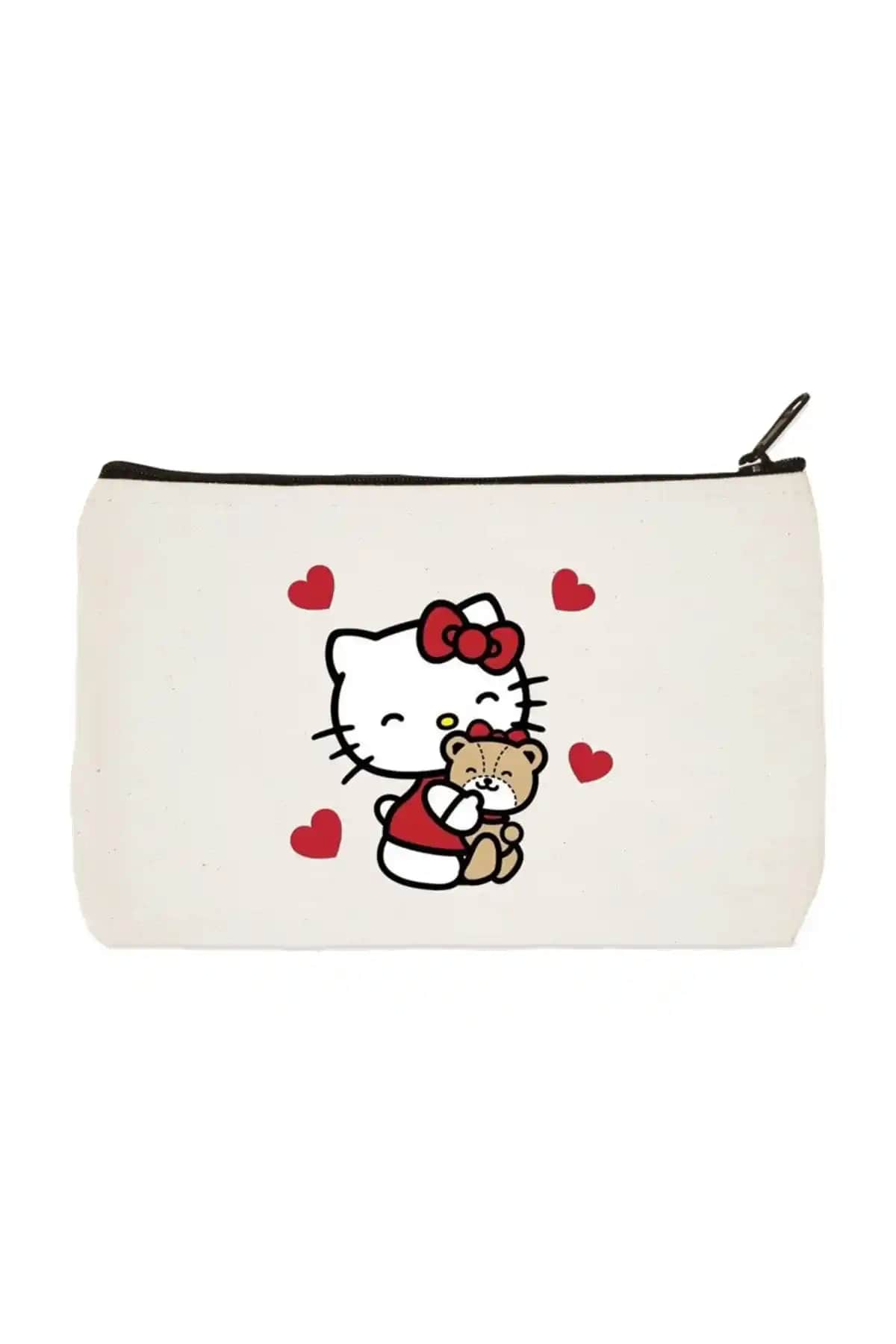 Designedfy Hello Kitty Bez Makyaj Çantası Kalemlik ve El Çantası Günlük Kullanım İçin