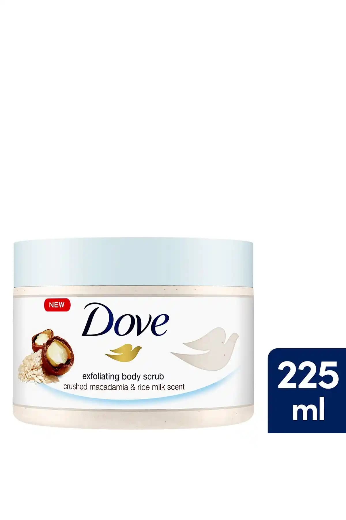 Dove Macademia Fındığı ve Pirinç Sütü İçeren Vücut Peelingi Cilt Yenileme ve Parlaklık Sağlar