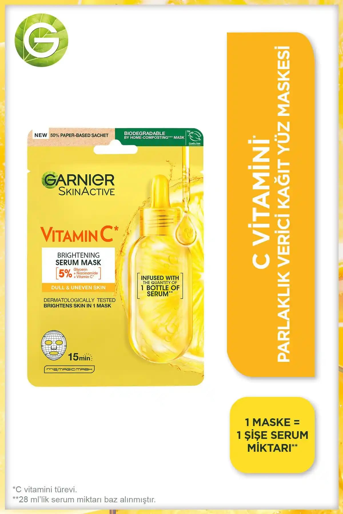 Garnier STD C Vitamini Parlaklık Verici Kağıt Yüz Maskesi Cilt Aydınlatıcı ve Nemlendirici Özellikler