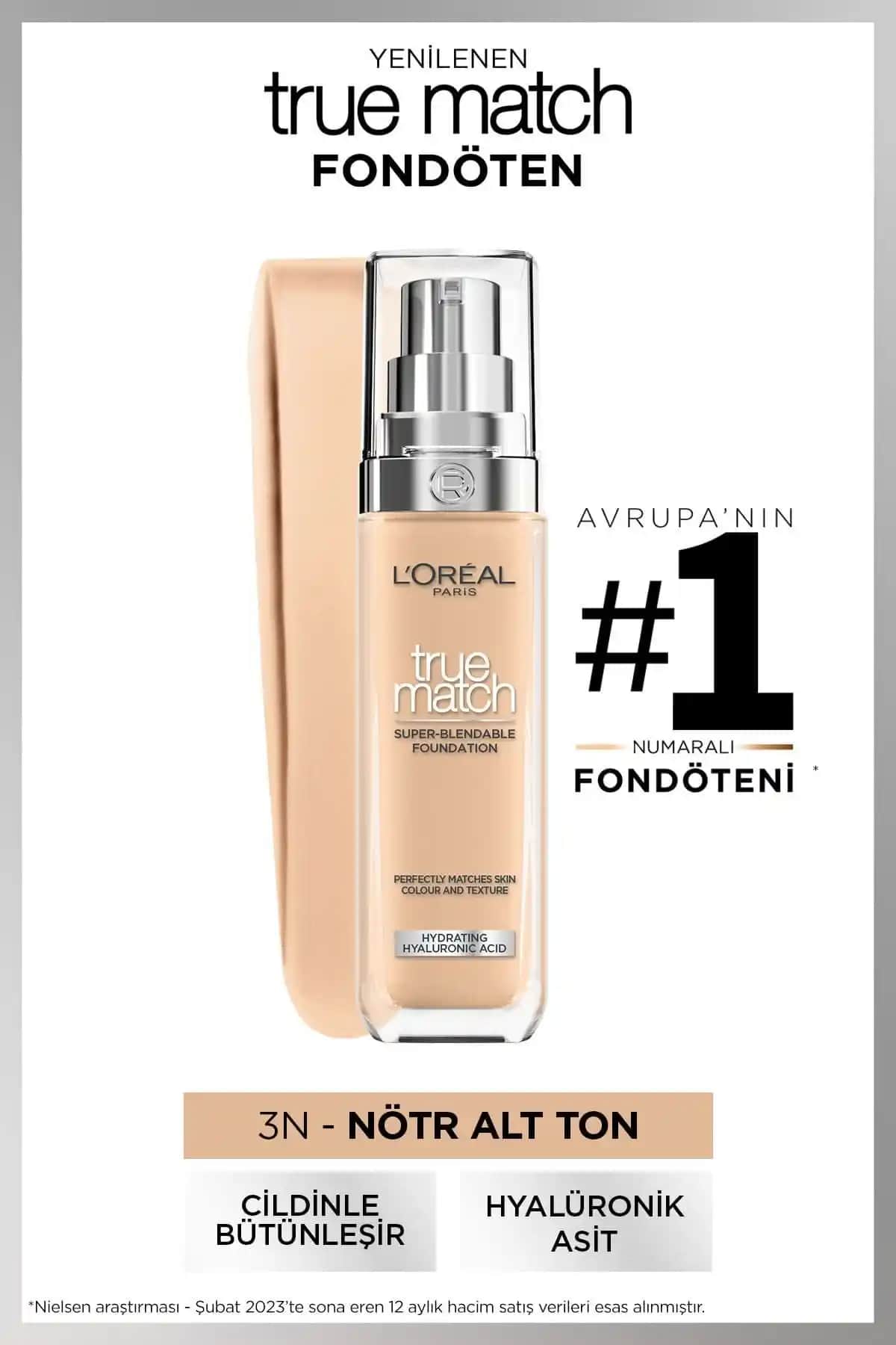 L'Oreal Paris True Match Bakım Yapan Fondöten 3N Nötr Alt Ton ile doğal görünüm