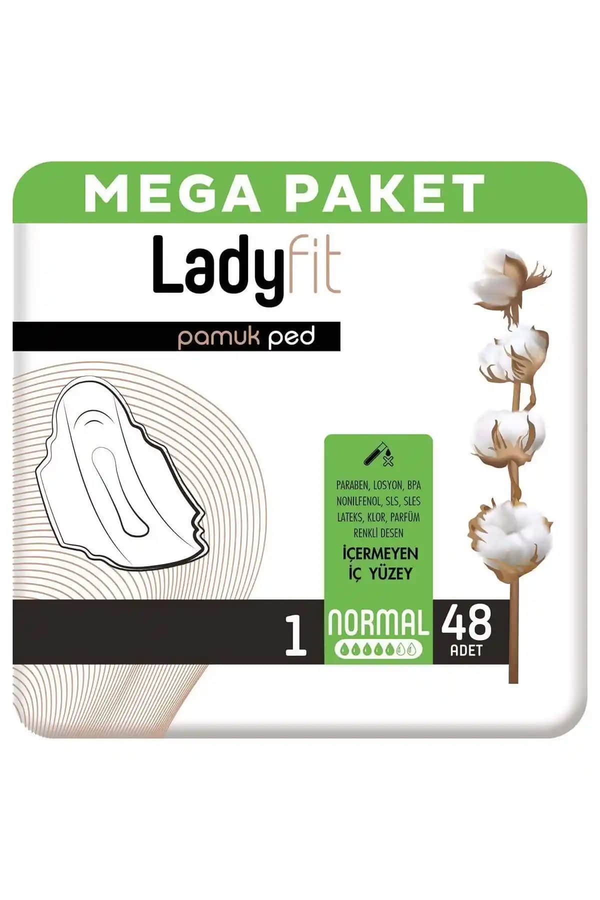 Lady Fit Pamuk Ped Mega Normal 48'li paket, günlük kullanım ve yüksek emicilik için ideal
