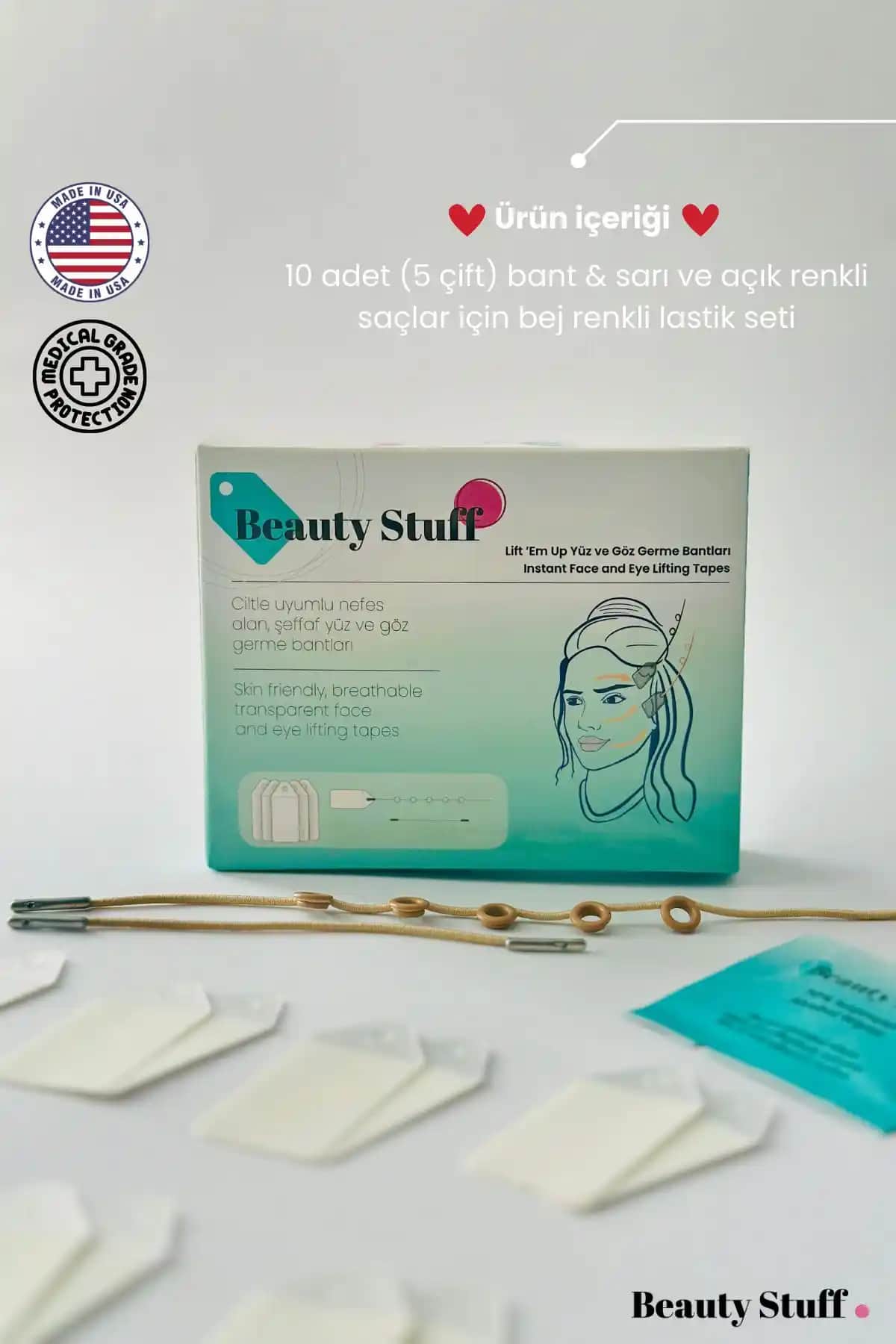 Lift Em Up Bej Lastikli Yüz ve Göz Germe Bantları ile Anında Estetik ve Gençlik Hissi