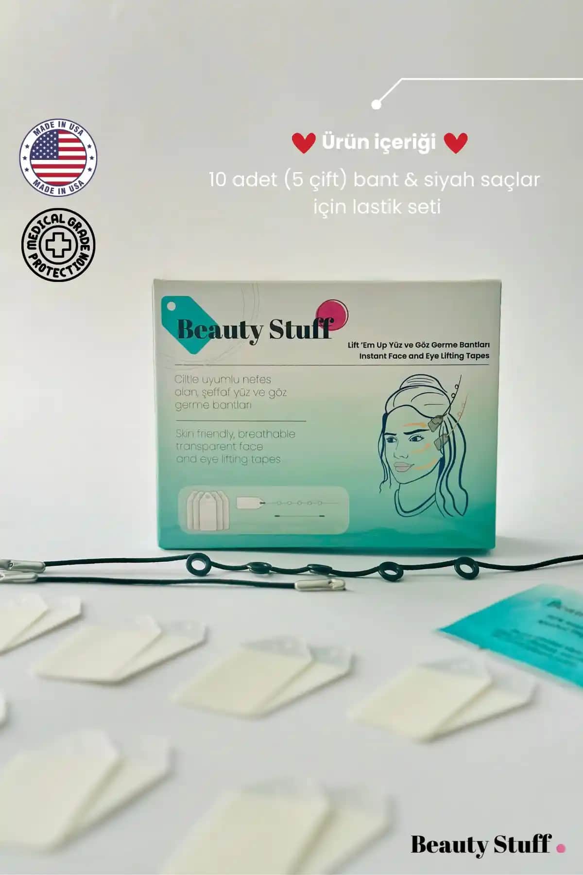 Lift 'Em Up Siyah Lastikli Yüz ve Göz Germe Bantları ile Daha Sıkı ve Genç Görünüm Sağlayın