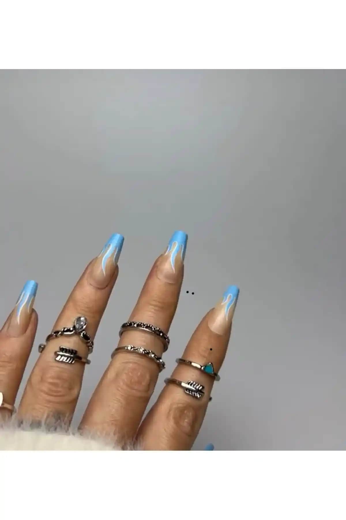 Limmons 20 Adet Pudra Alev Ateş Desenli Tırnak ve Yapıştırıcı Seti