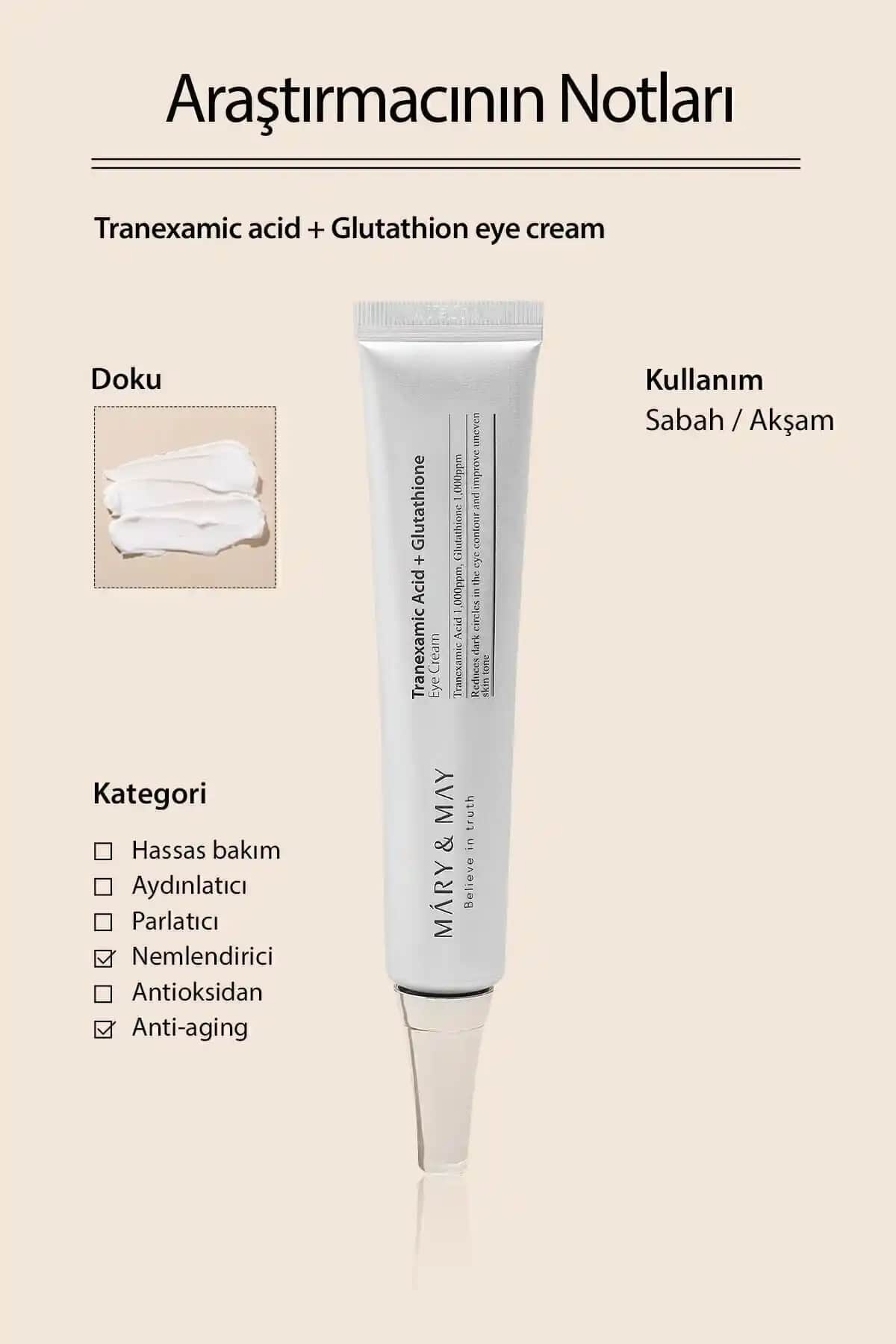 Mary & May Tranexamic Acid ve Glutatyon İçeren Aydınlatıcı Göz Çevresi Kremi: Güvenilir ve Etkili Cilt Bakım Ürünü