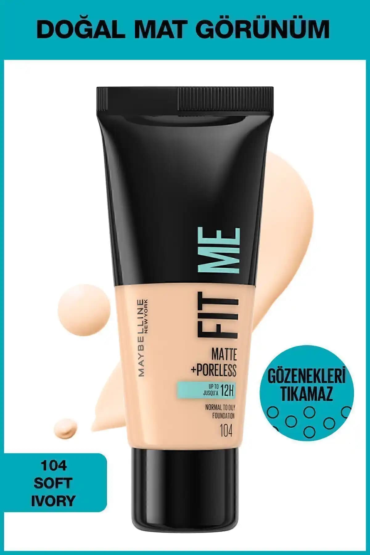 Maybelline Fit Me Matte+Poreless Fondöten 104 Soft Ivory doğal ve mat görünüm sağlar