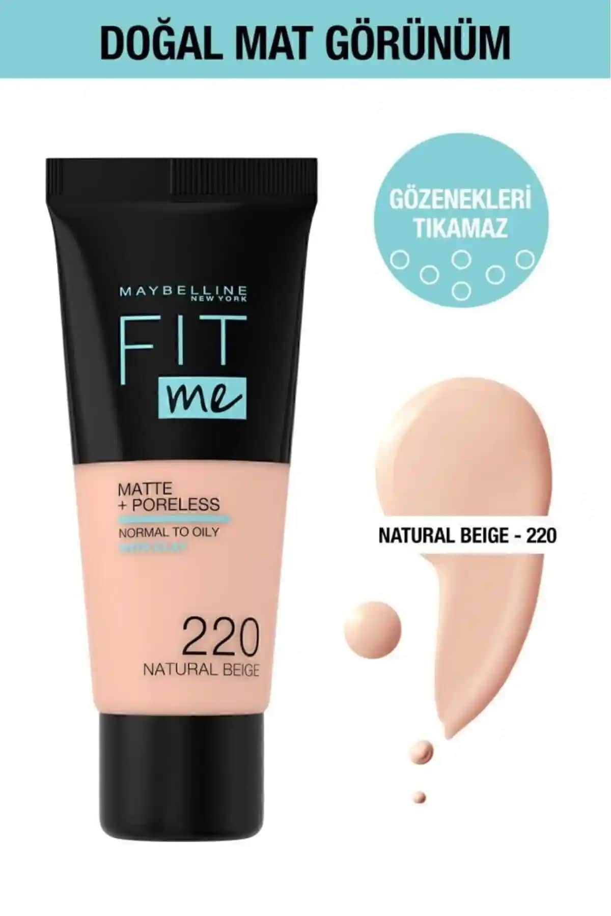 Maybelline Fit Me Matte Poreless Fondöten 220 Natural Beige ile doğal ve mat görünüm sağlayın