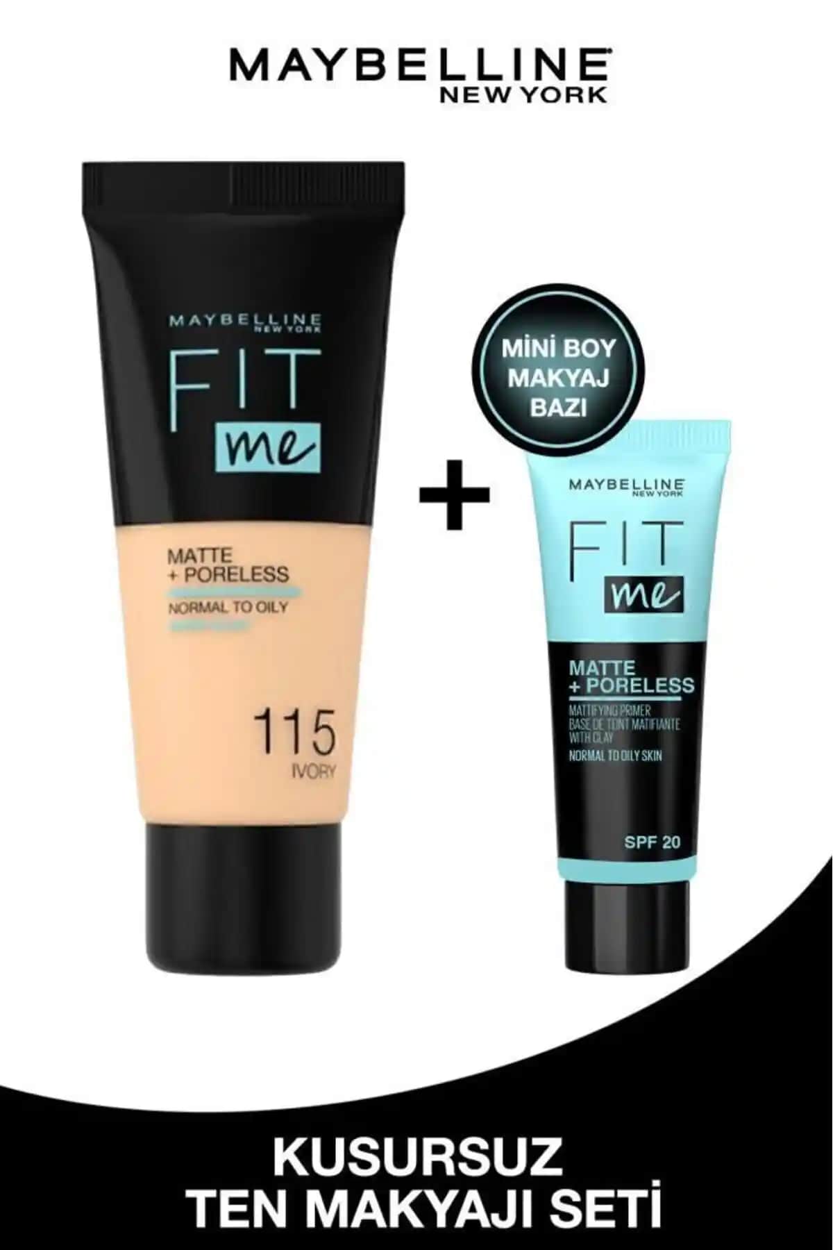 Maybelline Fit Me Matte Poreless Fondöten ve Makyaj Bazı Seti Günlük Kullanım İçin Uygun