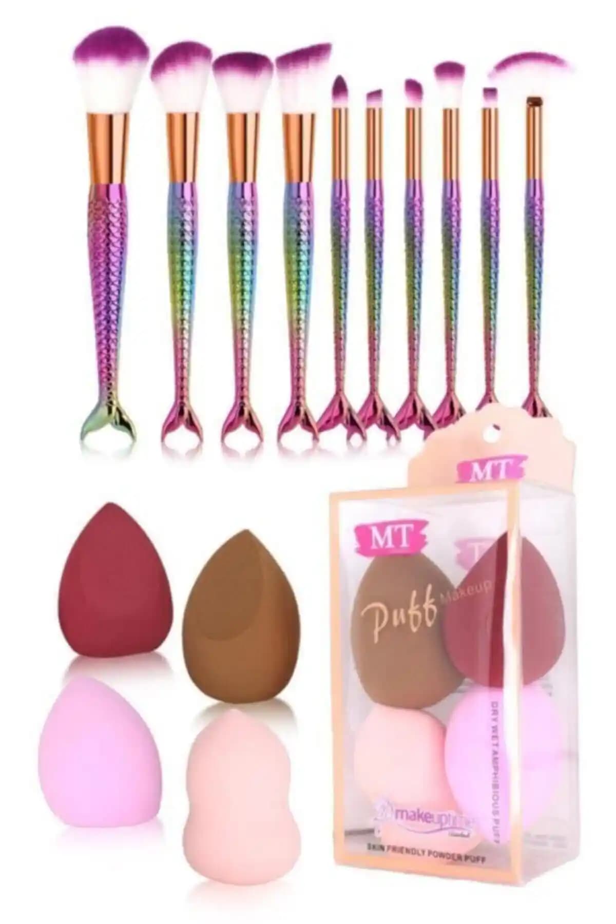 MUJGAN 10'lu Gökkuşağı Balık Fırça ve Sünger Seti ile Profesyonel Makyaj Deneyimi