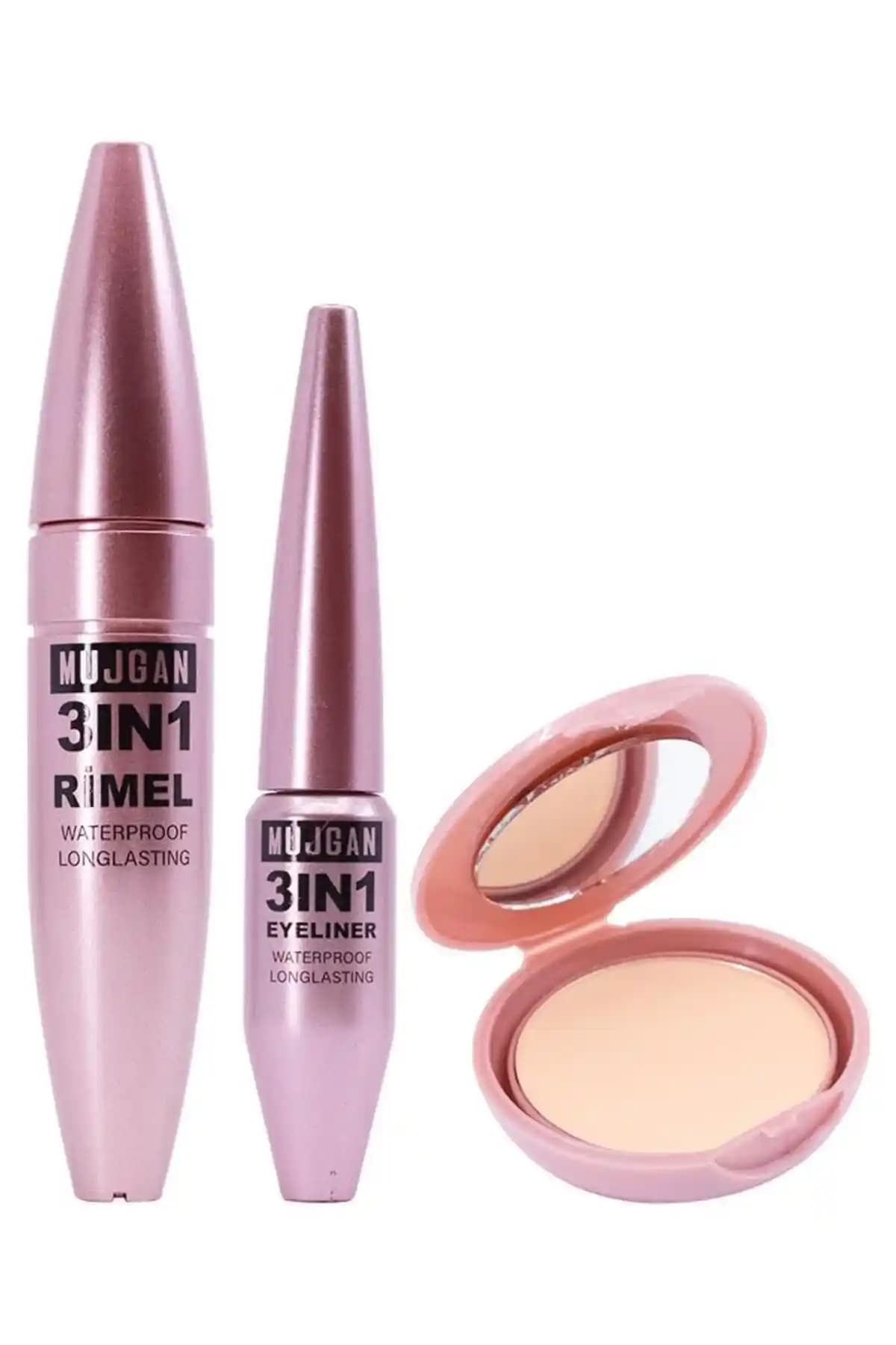 MUJGAN 3'lü Long Sansation Rimel ve Eyeliner Pudra Seti Günlük ve Şık Makyaj İçin Uygun