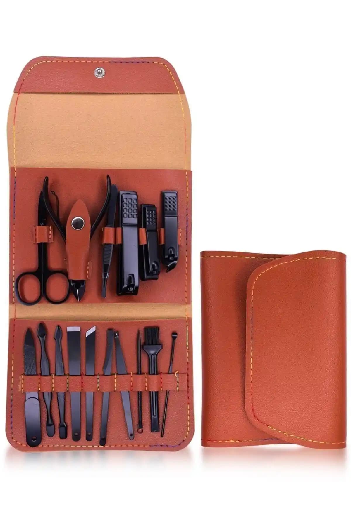 MUJGAN Kahverengi Deri Çantalı 16 Parça Manikür Seti ile Pratik ve Şık Tırnak Bakımı