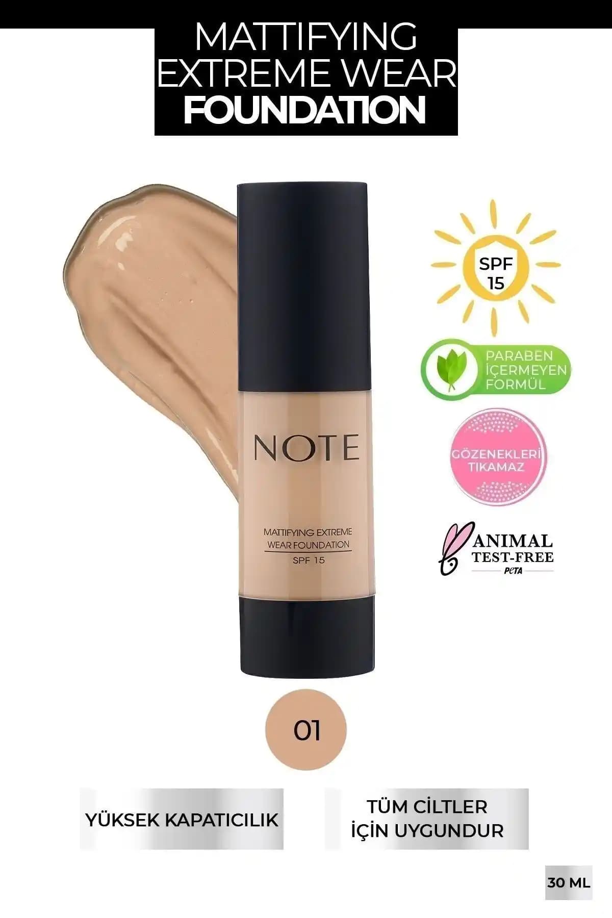 Note Cosmetics Mattifying Extreme Wear SPF 15 Yoğun Kapatıcı: Yağlı ve Karma Ciltler İçin Günlük Kullanım Makyaj Ürünü