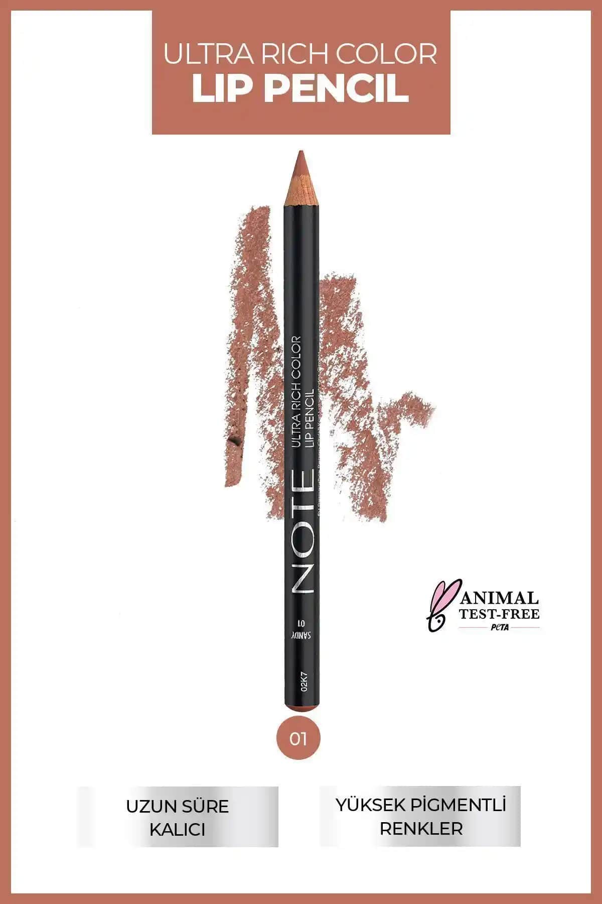 Note Cosmetics Ultra Rich Color Dudak Kalemi 01 Sandy Nude doğal görünüm ve uzun süre kalıcılık sağlar